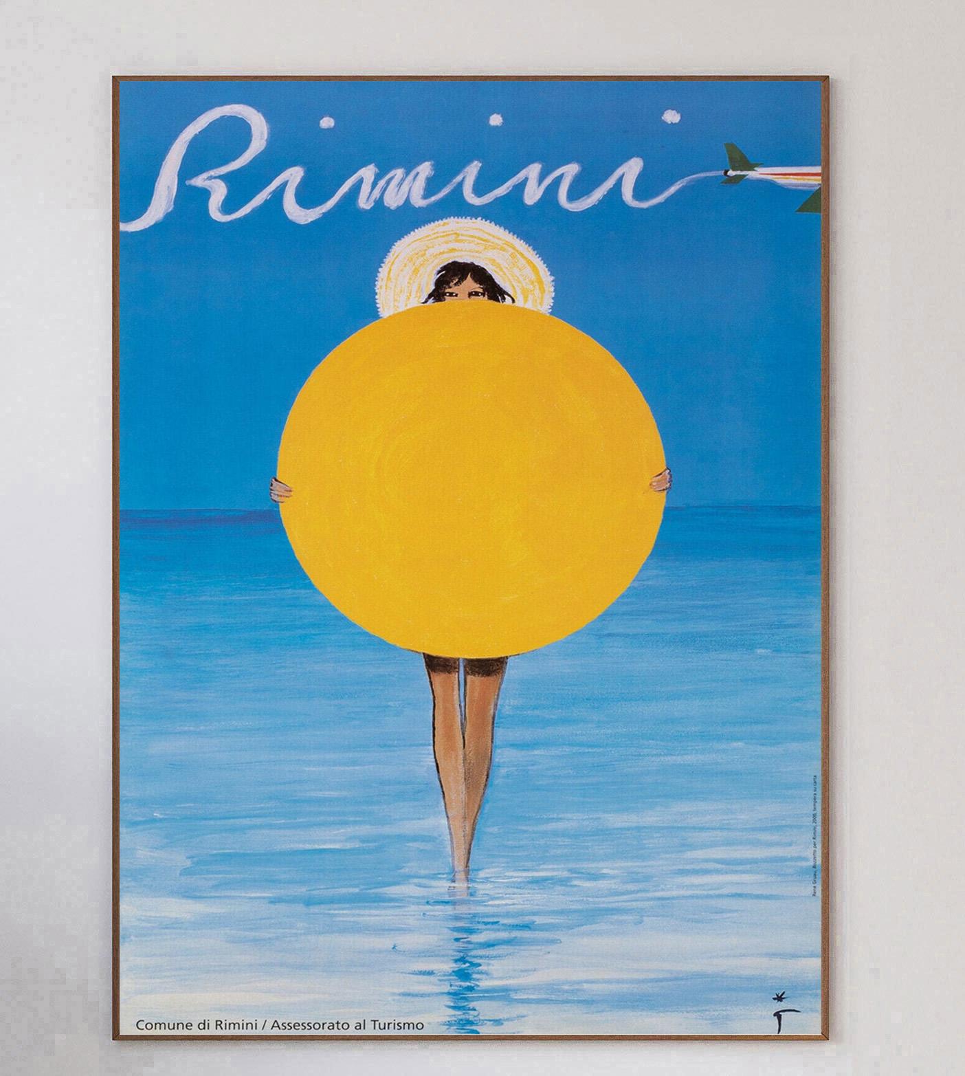 Dessinée par l'iconique affichiste René Gruau, cette affiche a été créée en 2000 pour promouvoir la ville italienne de Rimini. Cette magnifique station balnéaire du nord de l'Italie est très appréciée des touristes et ce magnifique dessin en est la