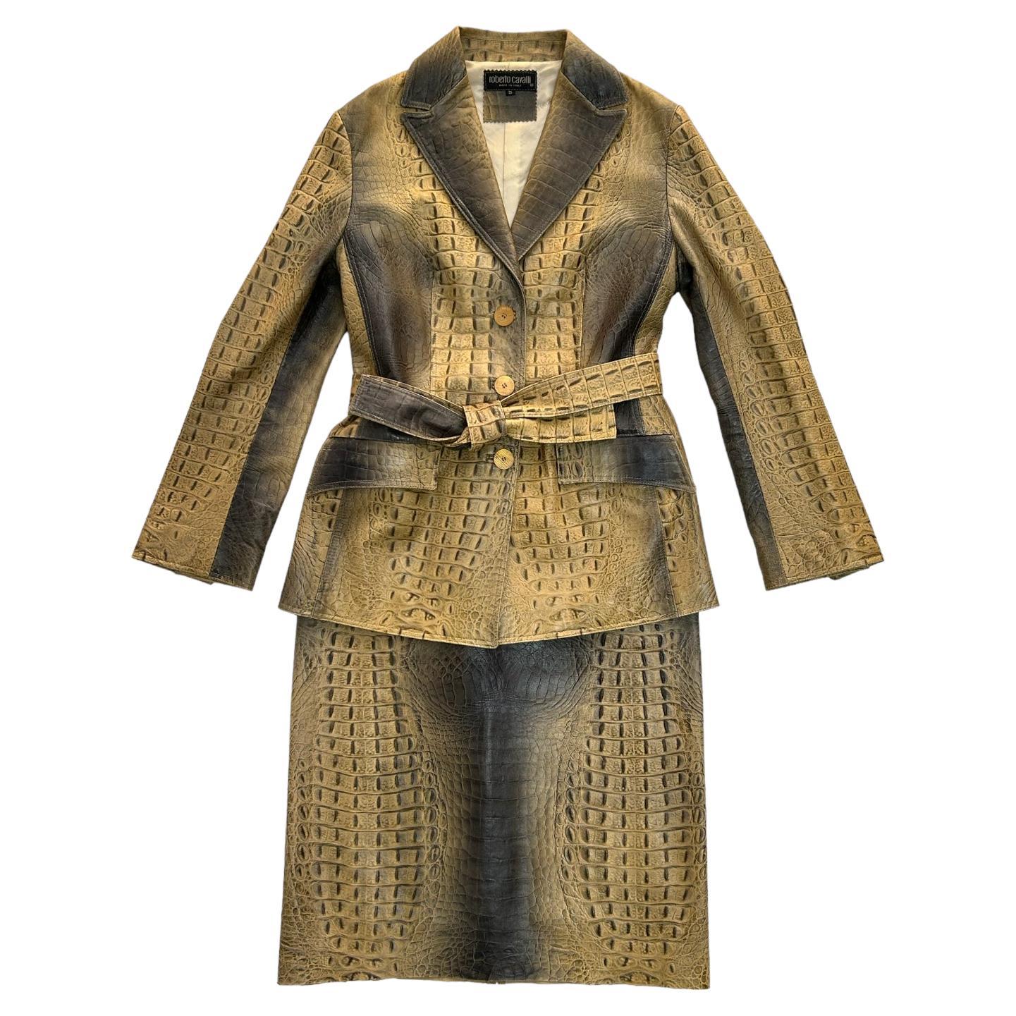 2000 Roberto Cavalli Crocodile-Effect Leather Set (Jacket & Midi Skirt). For Sale