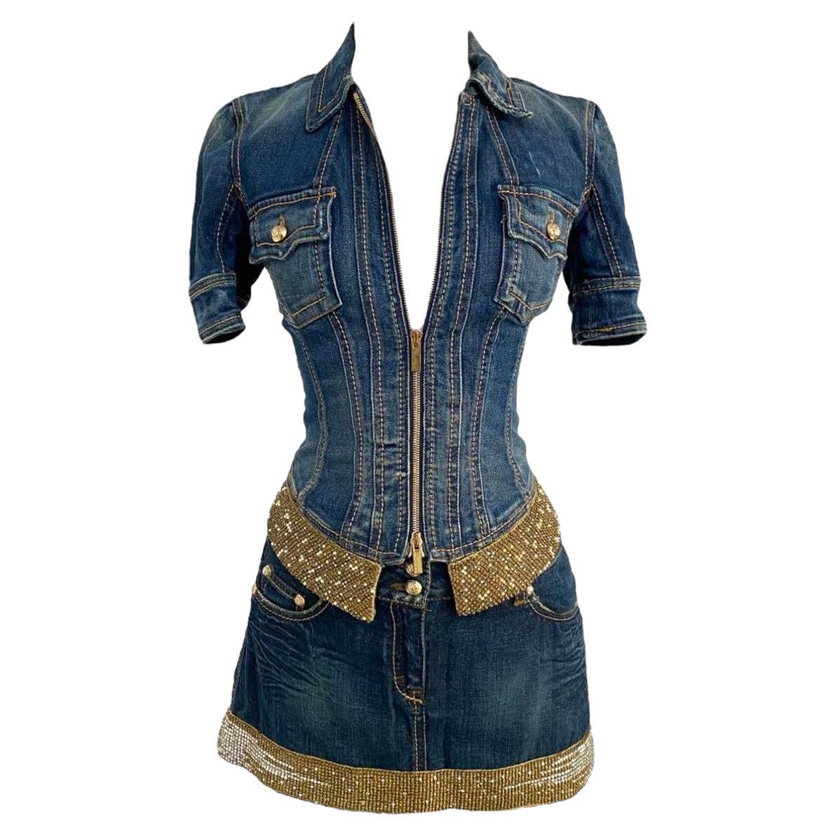 2000 Roberto Cavalli Embellished Denim Two-Piece Set For Sale