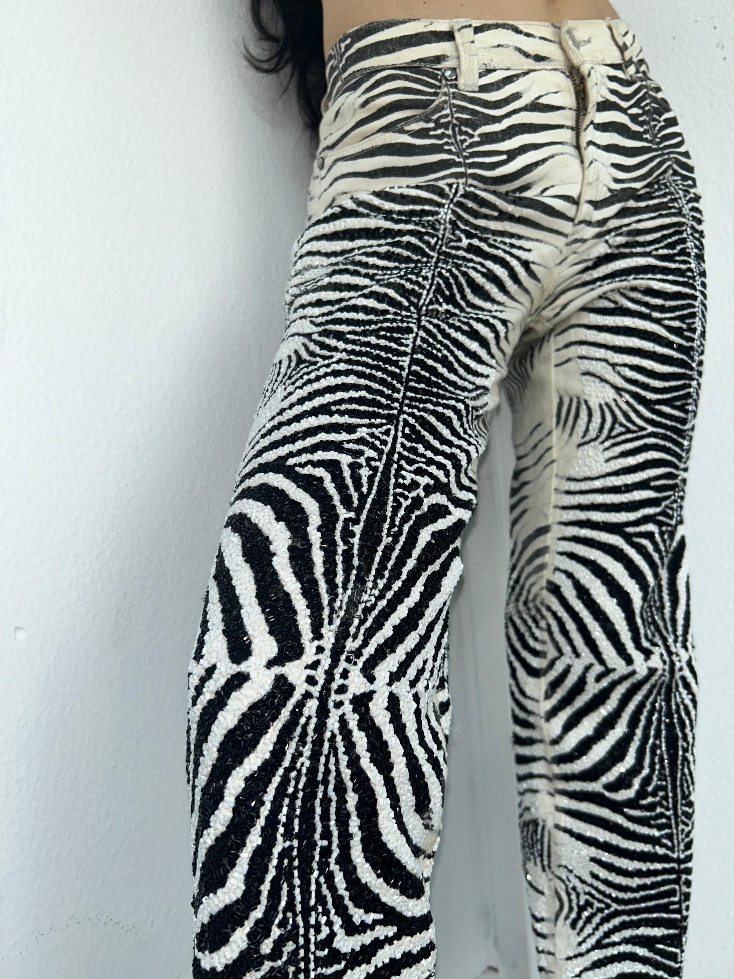 2000 Roberto Cavalli Embellished Zebra Print Pants For Sale 8