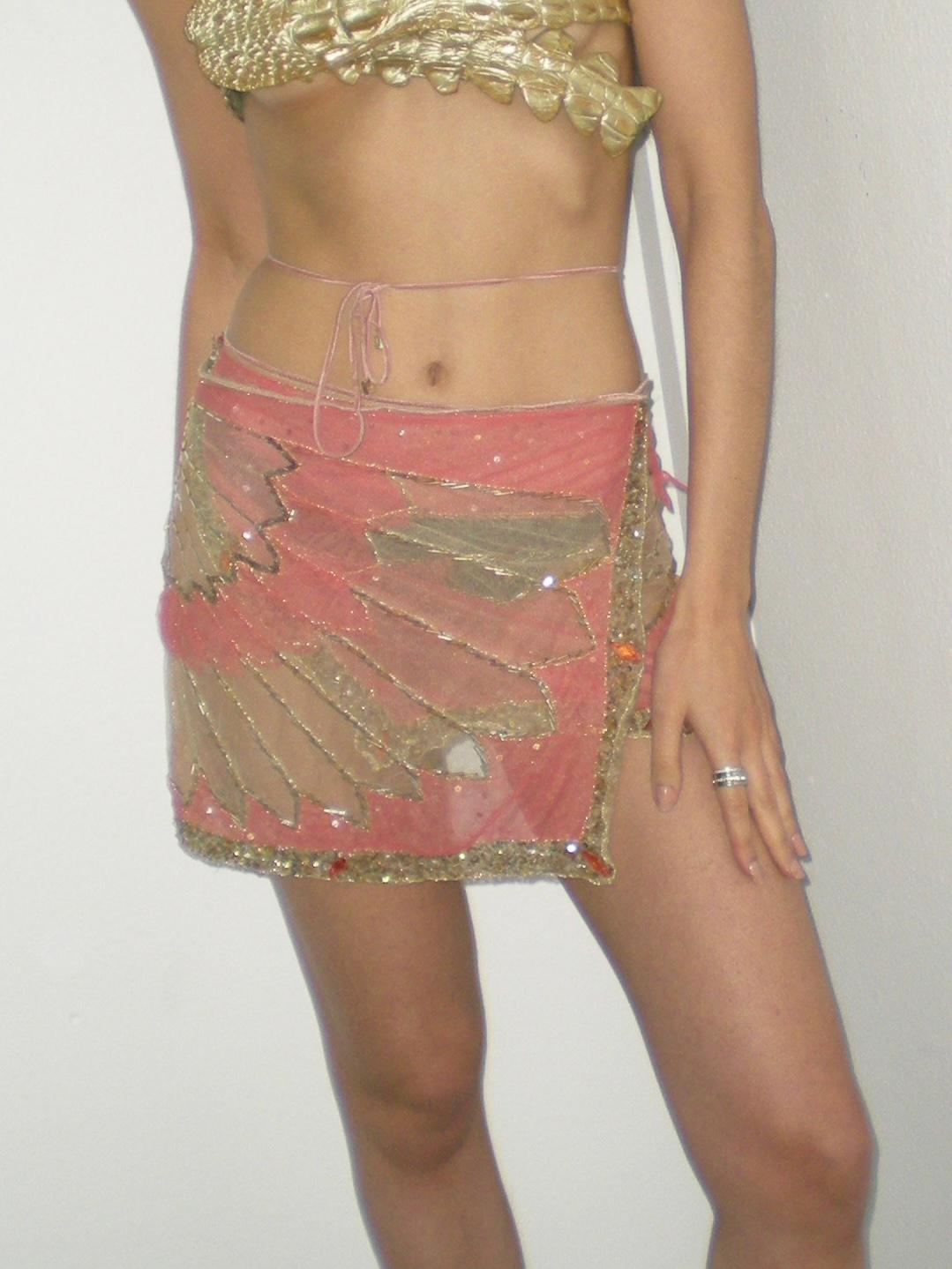 2000 Roberto Cavalli Peach Pink and Gold Hand Embroidered Tulle Sarong In New Condition For Sale In BARCELONA, ES