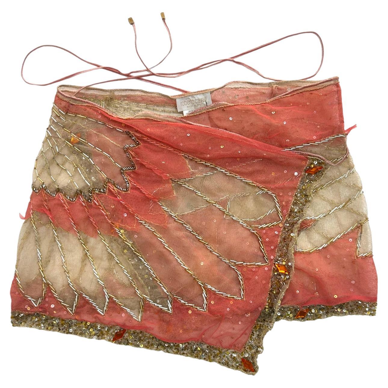 2000 Roberto Cavalli Peach Pink and Gold Hand Embroidered Tulle Sarong For Sale