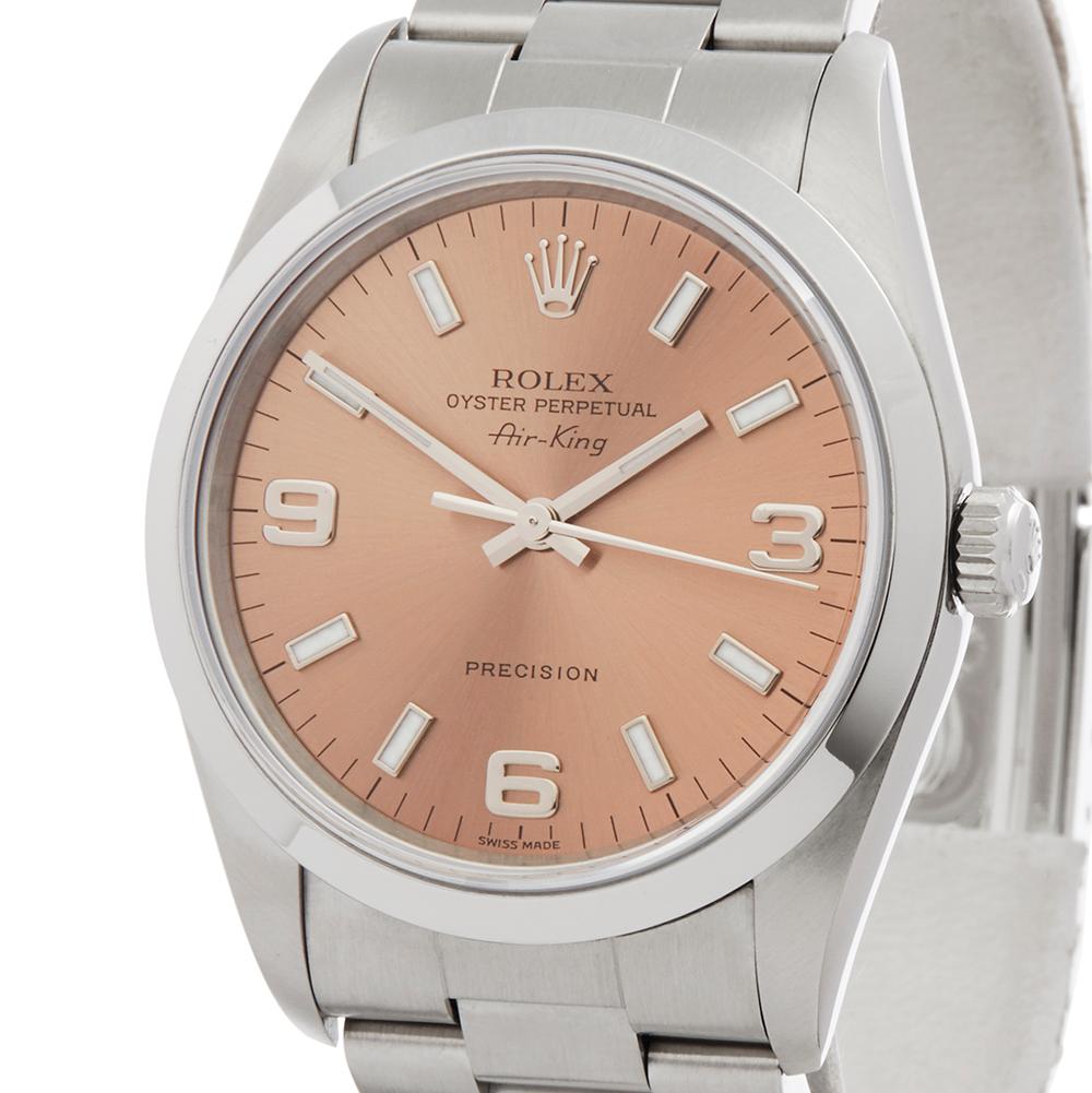 Contemporary 2000 Rolex Air King Stainless Steel 14000 Wristwatch
 *
 *Complete with: Presentation Pouch And Guarantee Only dated 1st November 2000
 *Case Size: 34mm
 *Strap: Stainless Steel Oyster
 *Age: 2000
 *Strap length: Adjustable up to 17cm.