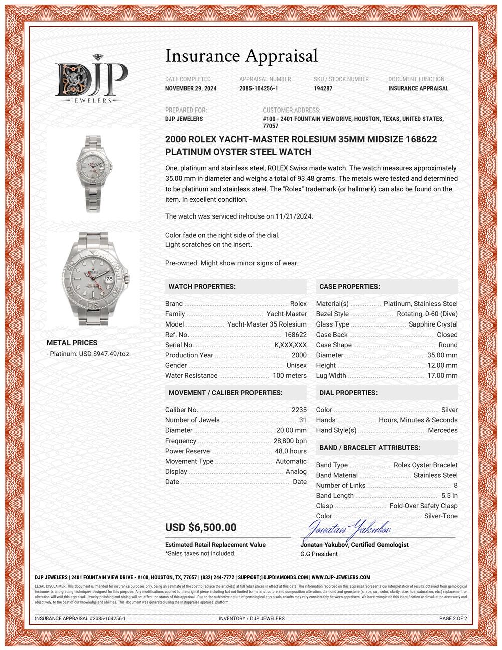 2000 Rolex Yacht-Master Rolesium 35MM Midsize 168622 Platinum Oyster Steel Watch 6