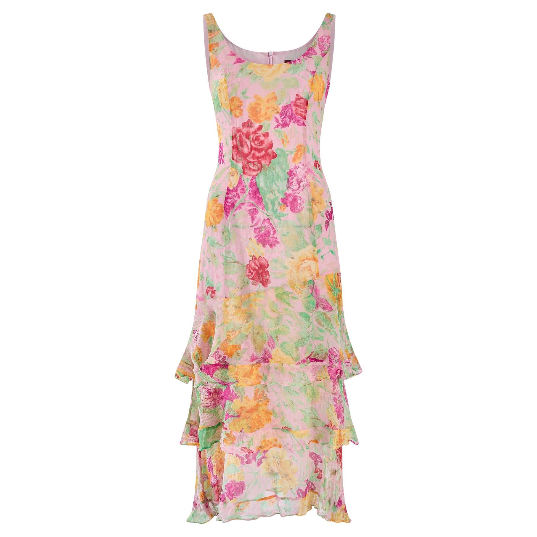 2000 Runway Documented Kenzo Floral Silk Crepe Ruffle Hem Dress