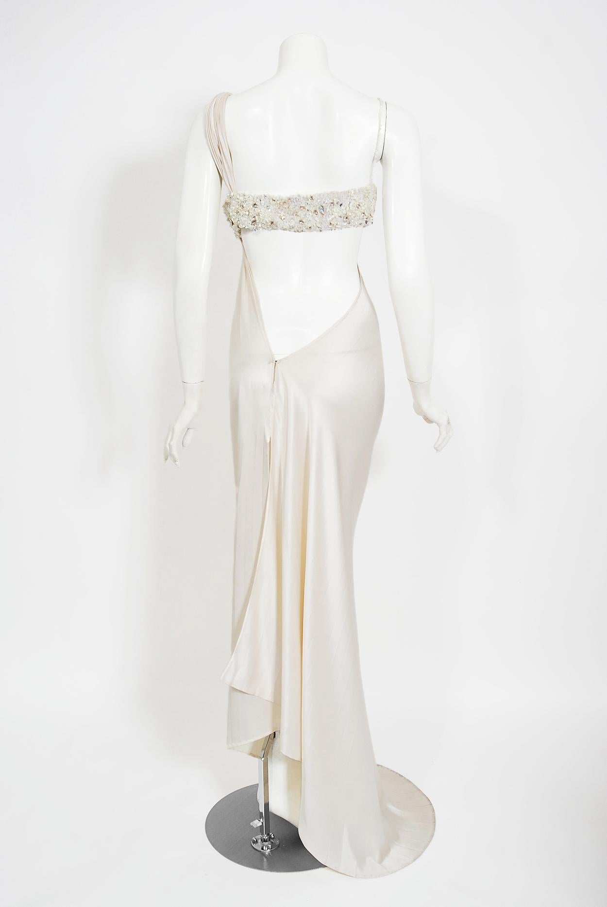 2000 Ungaro Haute Couture Crystal Beaded Asymmetric Cut-Out Ivory Silk Gown 7