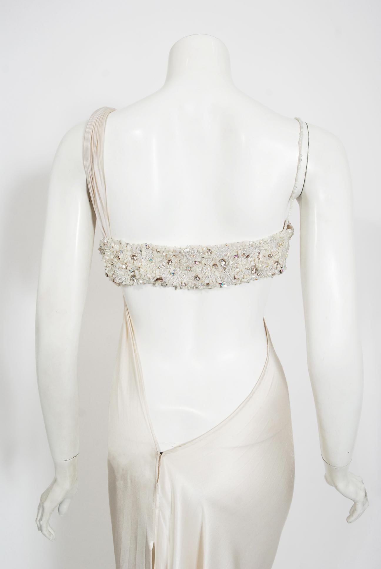 2000 Ungaro Haute Couture Crystal Beaded Asymmetric Cut-Out Ivory Silk Gown 8