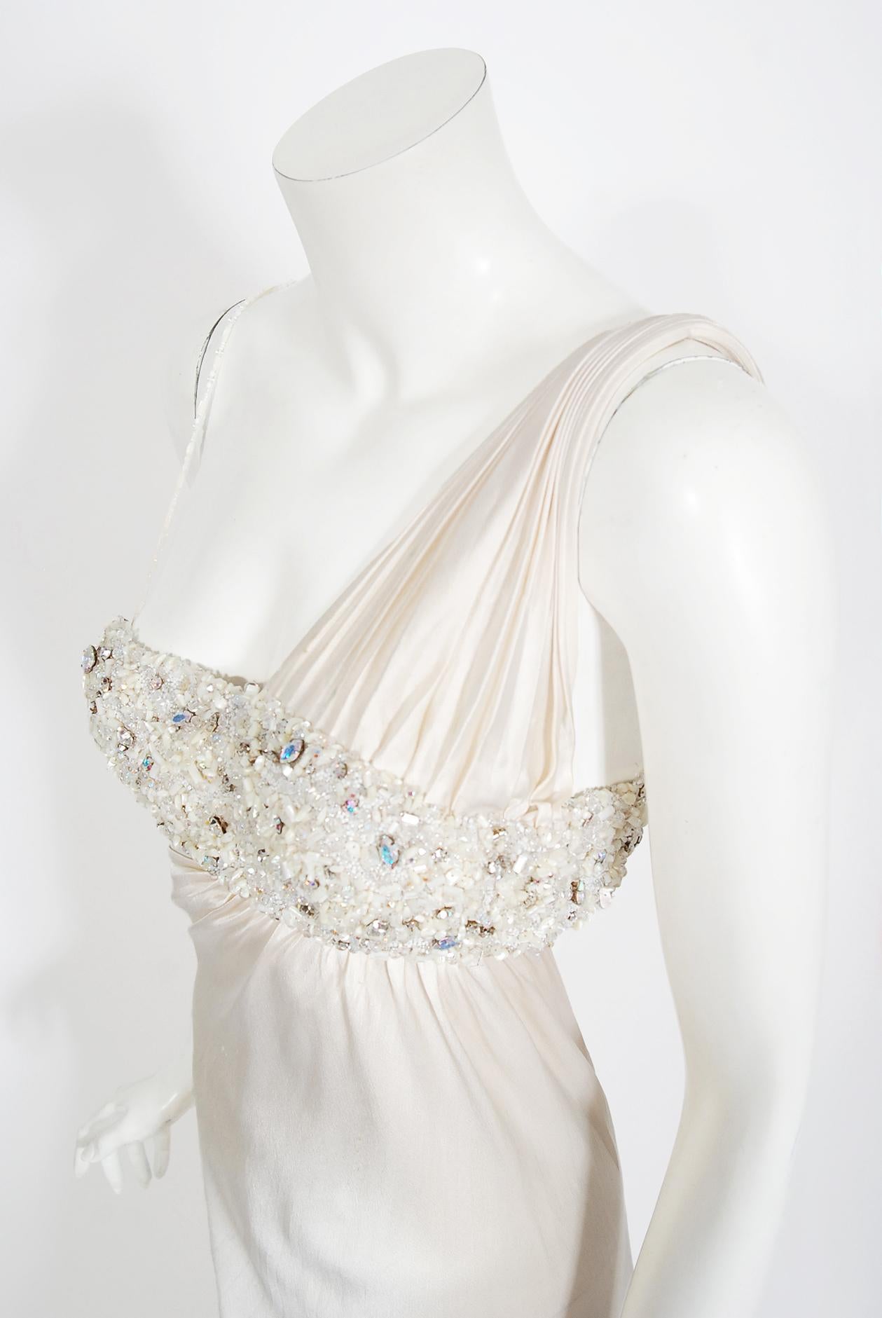 Women's 2000 Ungaro Haute Couture Crystal Beaded Asymmetric Cut-Out Ivory Silk Gown
