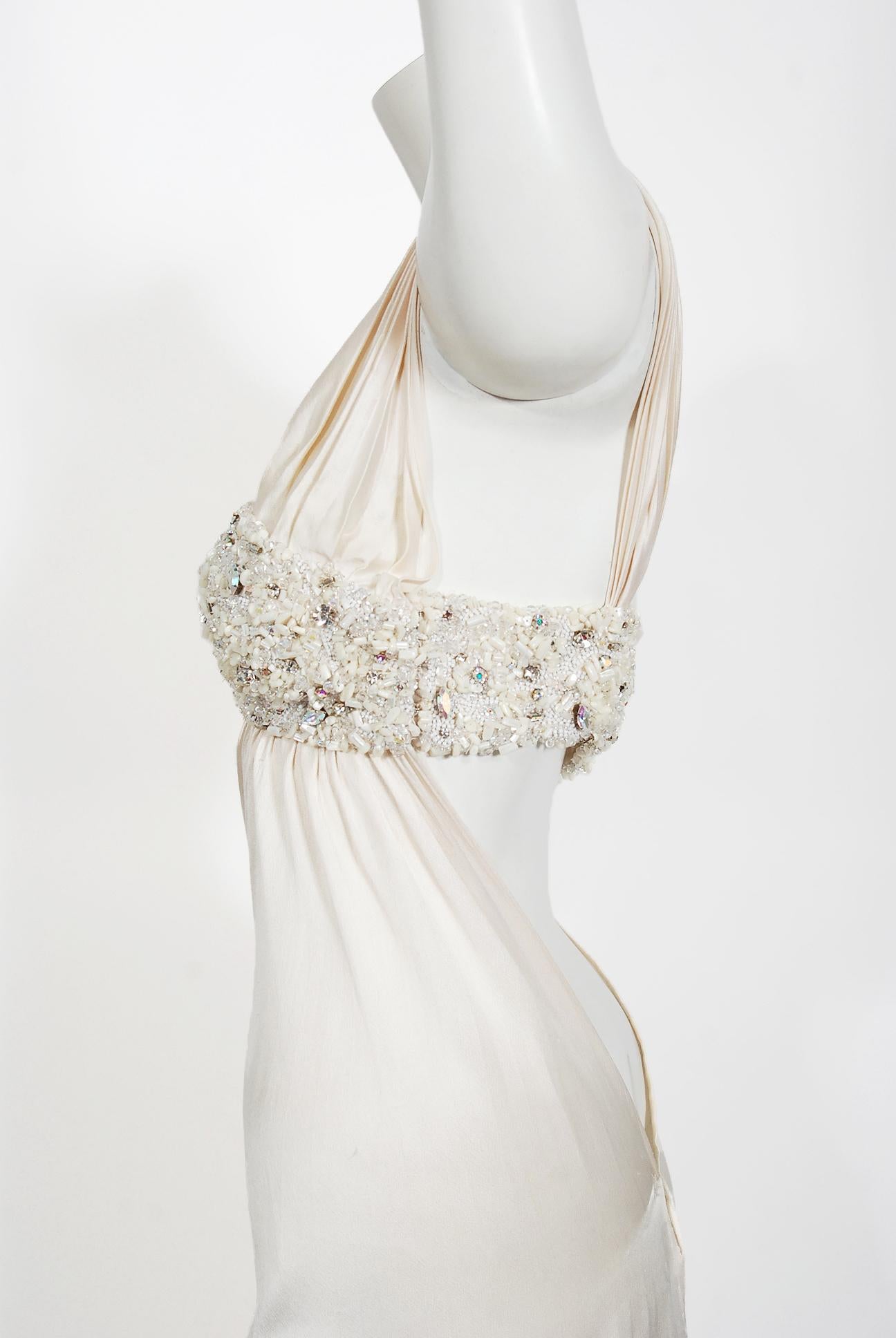 2000 Ungaro Haute Couture Crystal Beaded Asymmetric Cut-Out Ivory Silk Gown 1