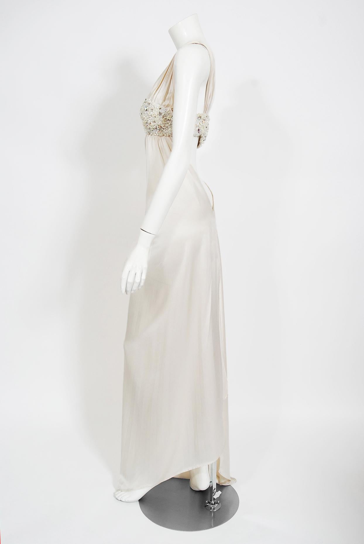 2000 Ungaro Haute Couture Crystal Beaded Asymmetric Cut-Out Ivory Silk Gown 2