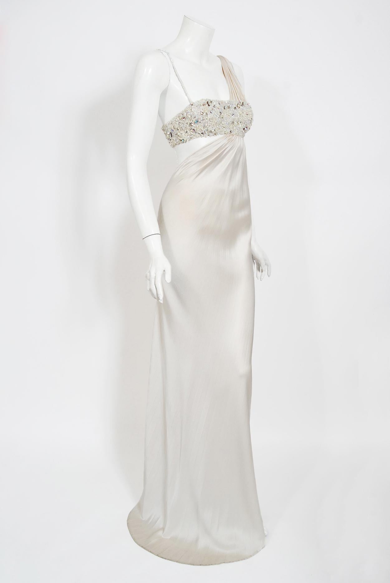2000 Ungaro Haute Couture Crystal Beaded Asymmetric Cut-Out Ivory Silk Gown 3