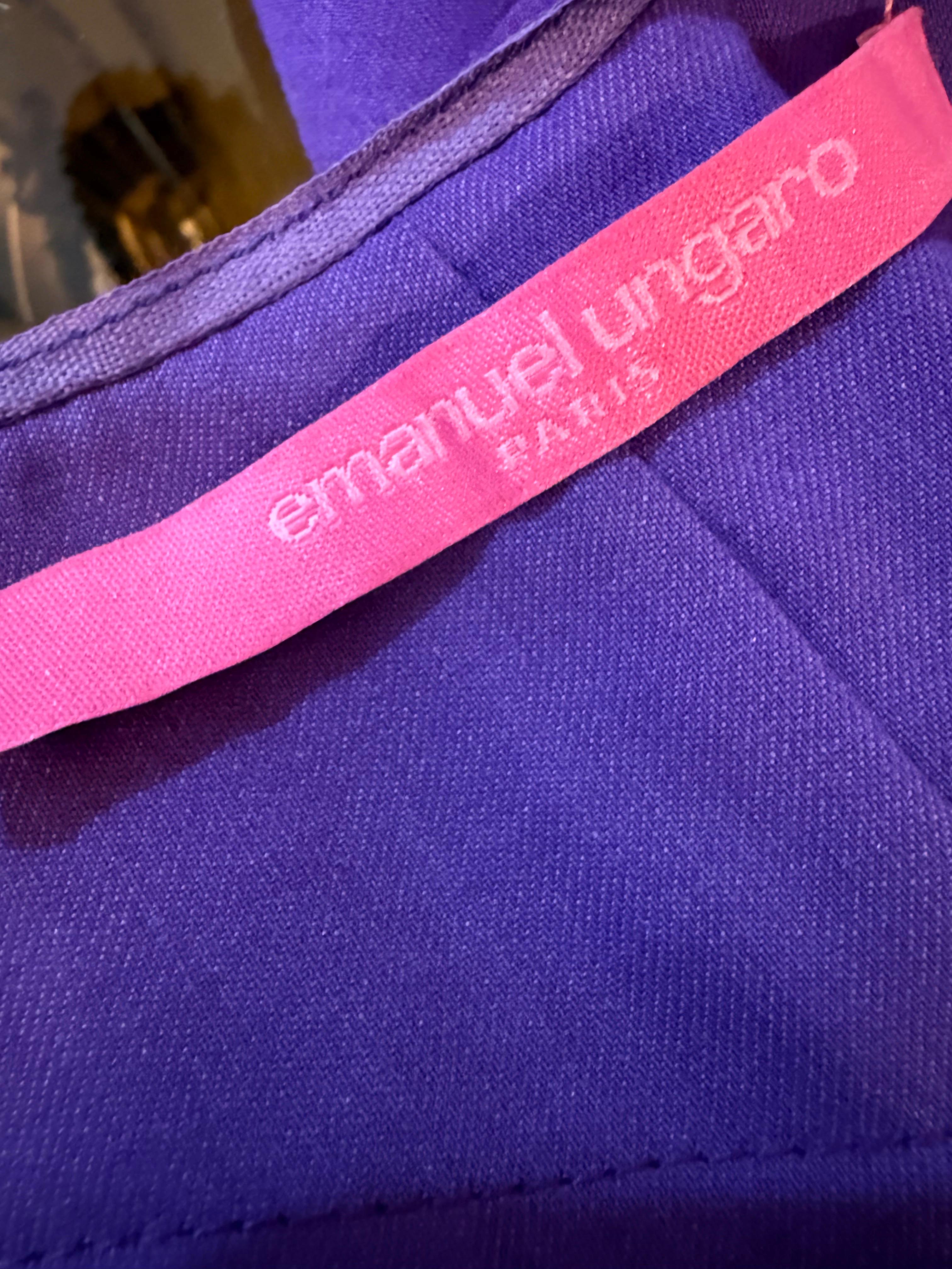 2000 Ungaro Vivid Purple Spring Weight Wool Gabardine Slacks w Chiffon Ruffles en vente 3