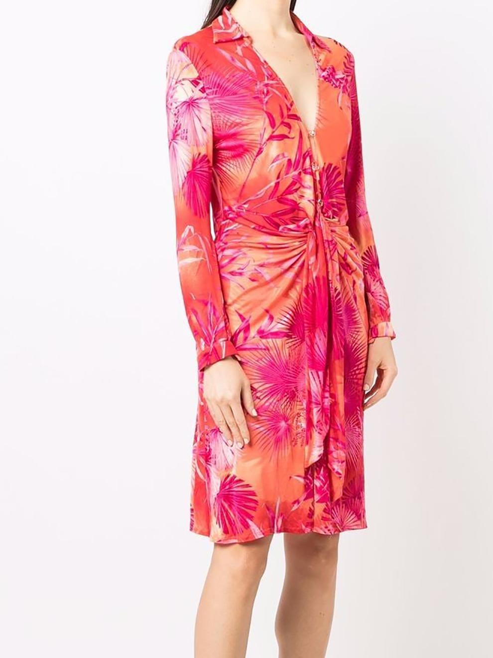 Women's 2000 Versace Rare and Iconic Pink Jungle Silk Dress For Sale