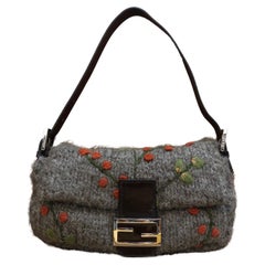2000 Used FENDI Embroidered Wool Baguette Handbag Grey 