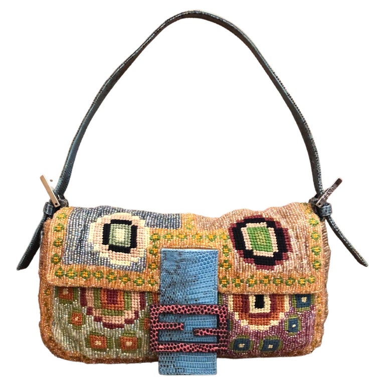 2000 Vintage FENDI Embroidery Beaded Baguette Handbag Multicolors at