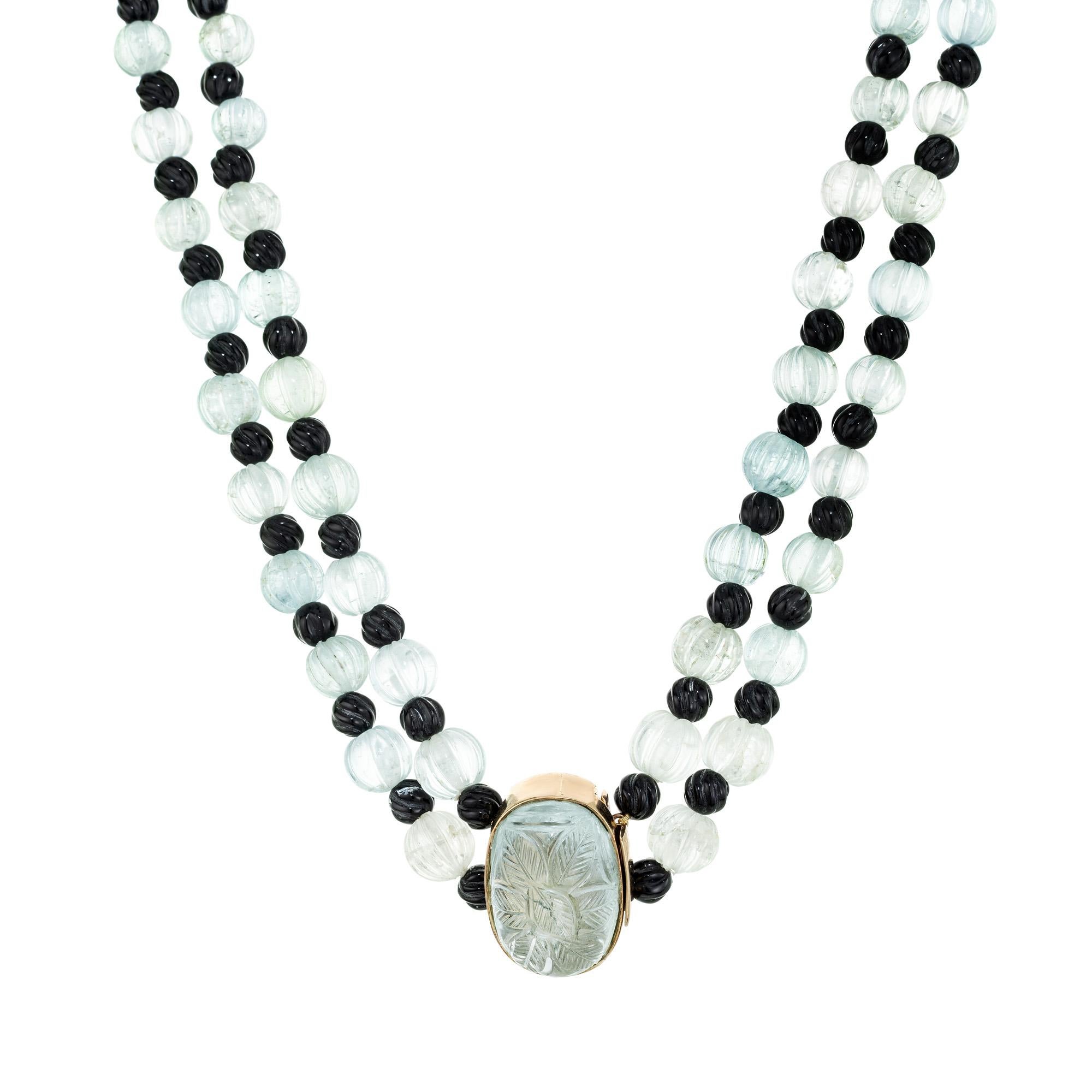 Bead 200.00 Carats Natural Carved Aqua Onyx Two Strand Art Deco Necklace For Sale