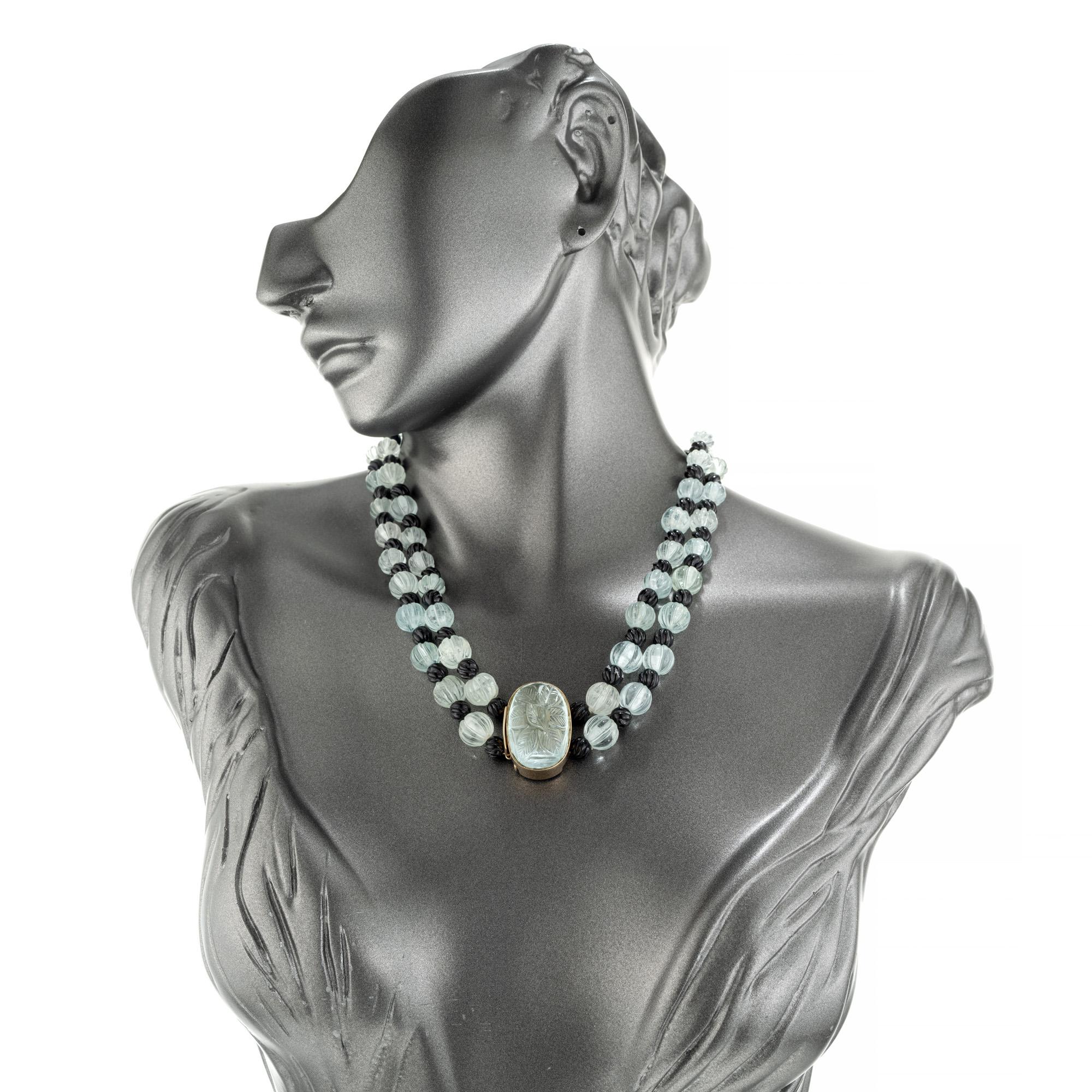 200.00 Carats Natural Carved Aqua Onyx Two Strand Art Deco Necklace For Sale 3