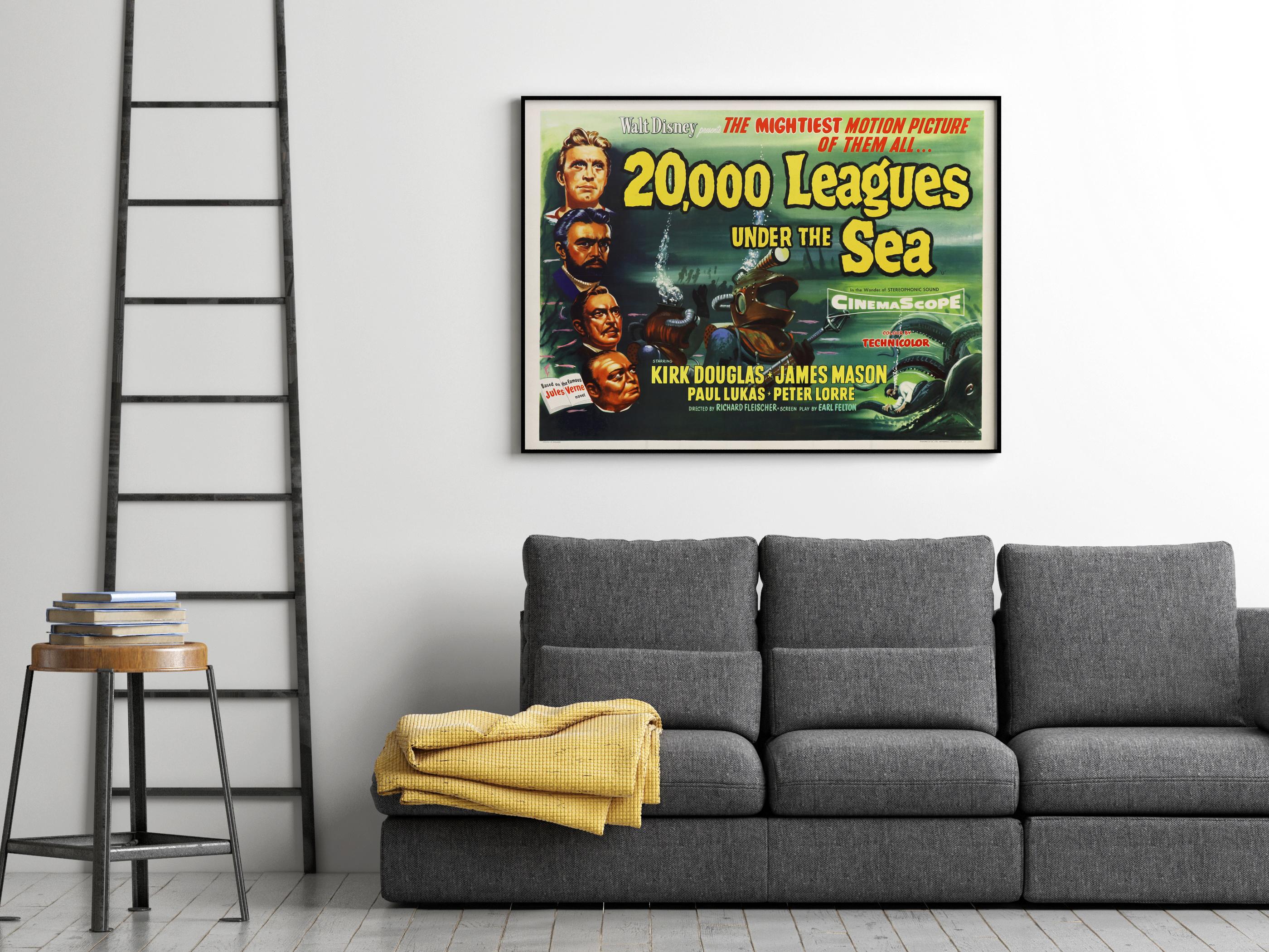 Originales britisches Quad-Filmplakat „20000 Leagues Under The Sea“ im Vintage-Stil, 1955 (Moderne der Mitte des Jahrhunderts) im Angebot