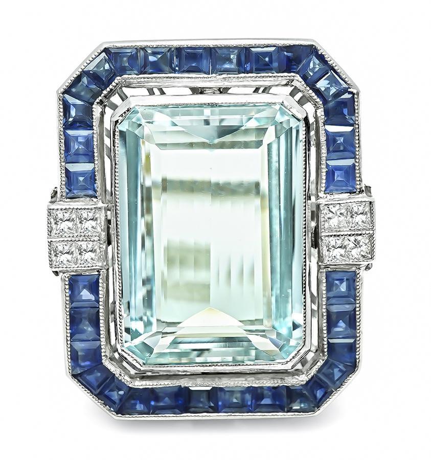 20.00ct Aquamarin 1.50ct Saphir Diamant Ring (Smaragdschliff) im Angebot