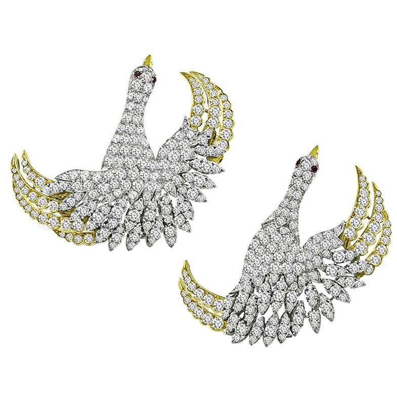 Juego de alfileres cisne de oro con diamantes 20,00 ct