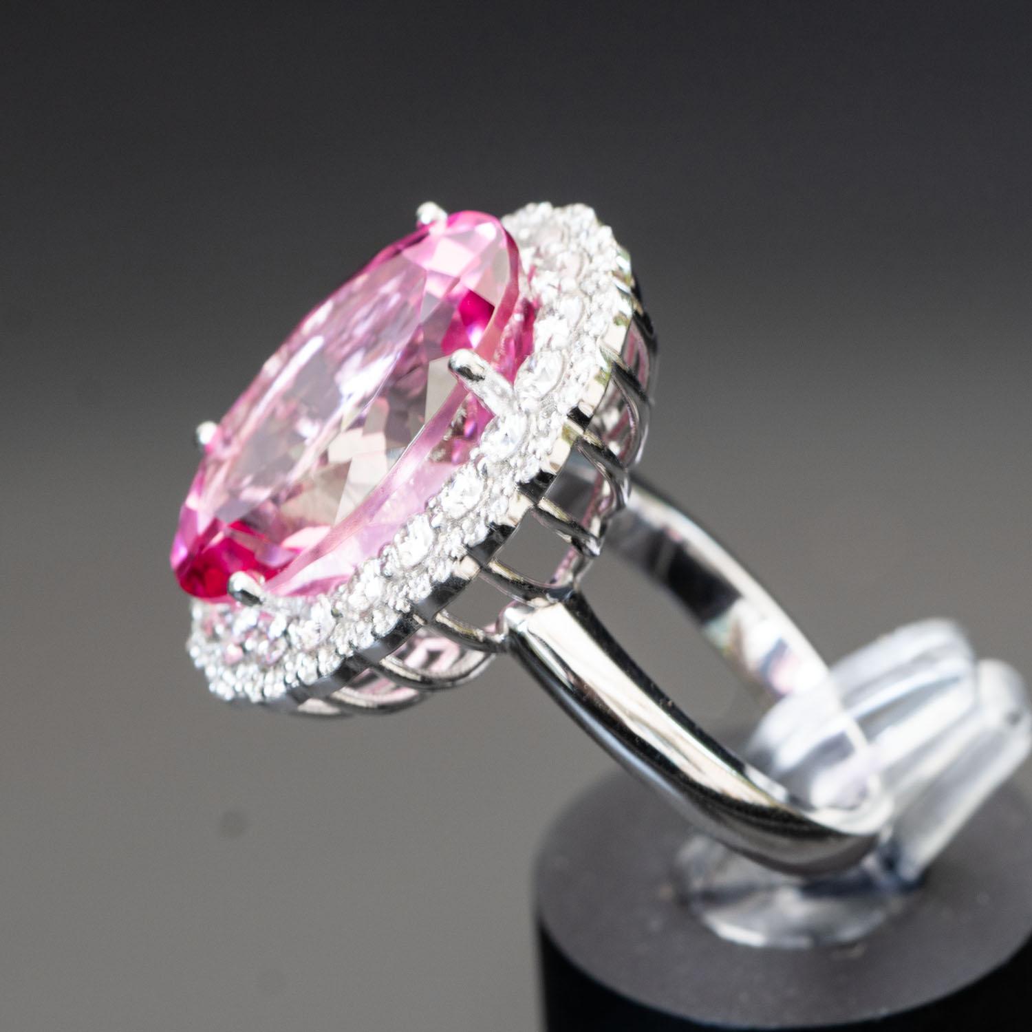 Art Deco 20.00ct Oval Pink Topaz Cocktail Ring 1.20ct Natural Diamonds, Statement Ring For Sale