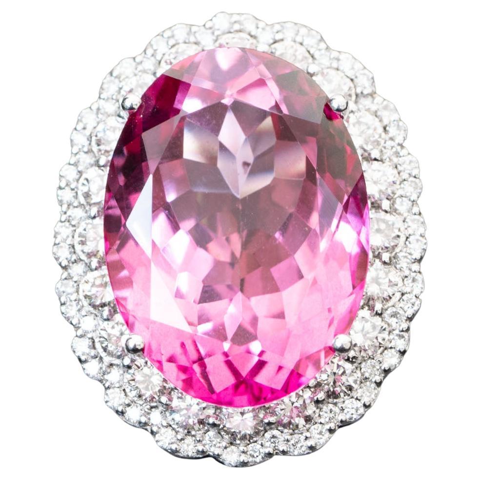 20.00ct Oval Pink Topaz Cocktail Ring 1.20ct Natural Diamonds, Statement Ring For Sale