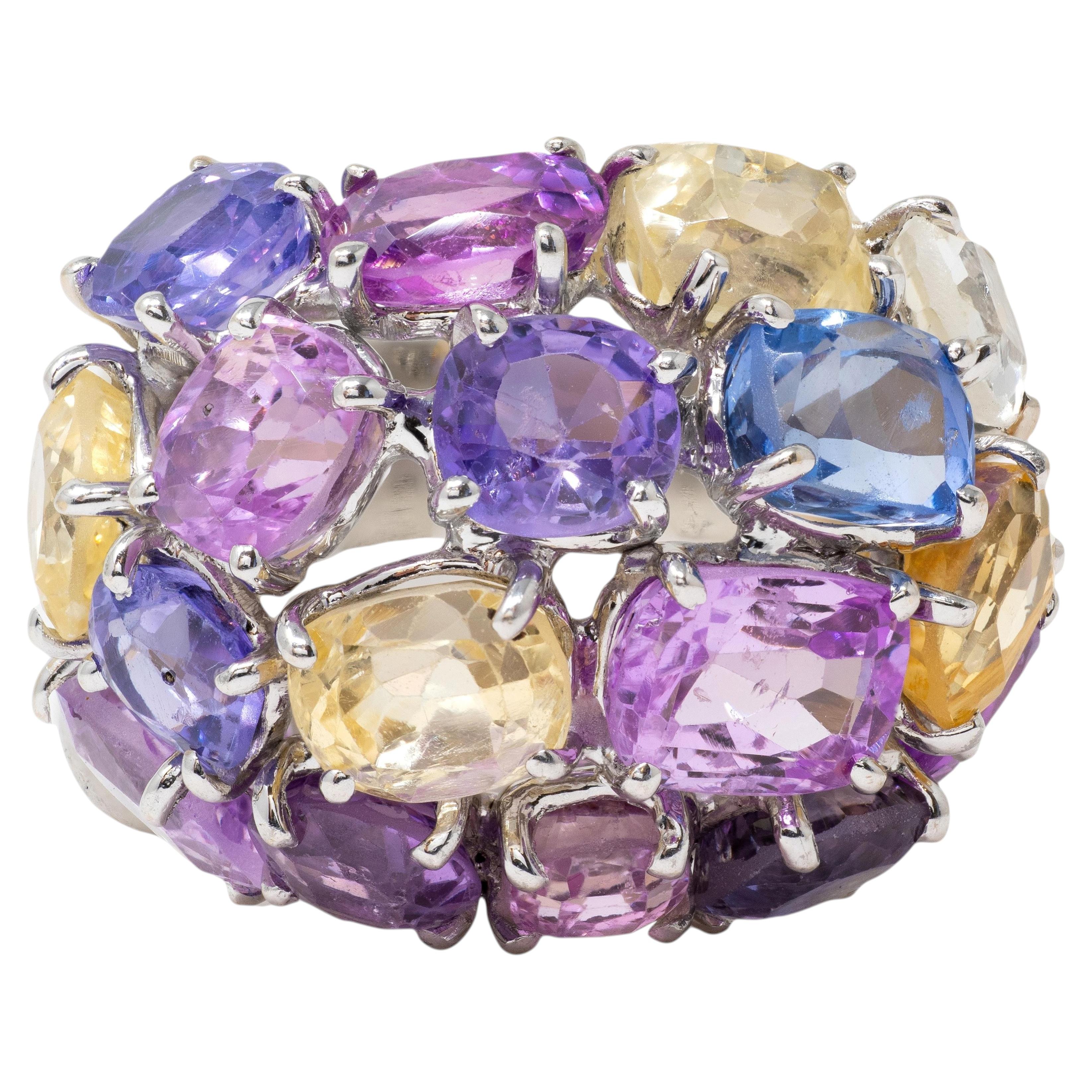 2000's 17.00 CTW Multi-Colored Sapphire 18 Karat White Gold Dome Cocktail Ring