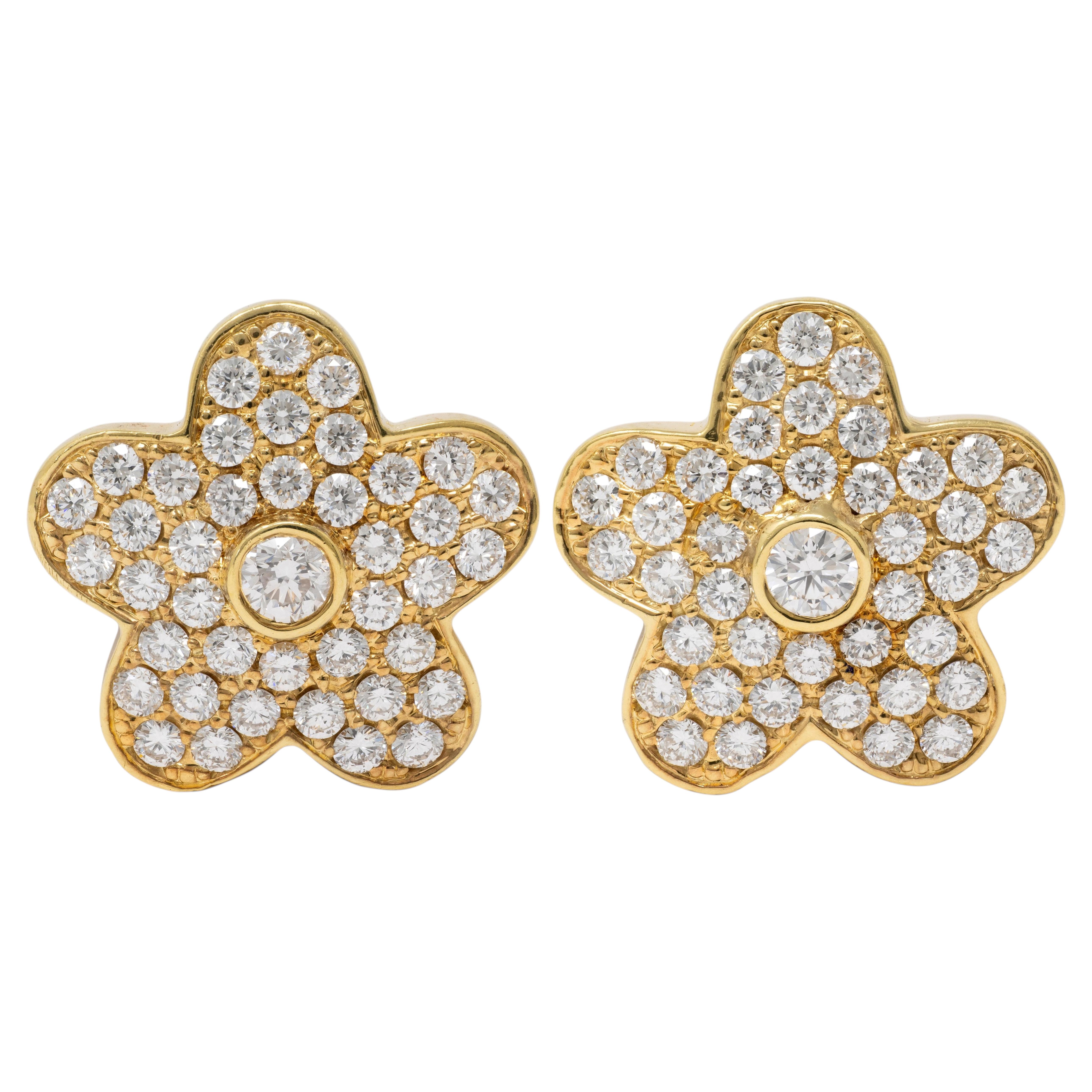 Pendientes contemporáneos con forma de flor de los años 2000, de oro amarillo de 18 quilates y diamantes de 1,90 CTW