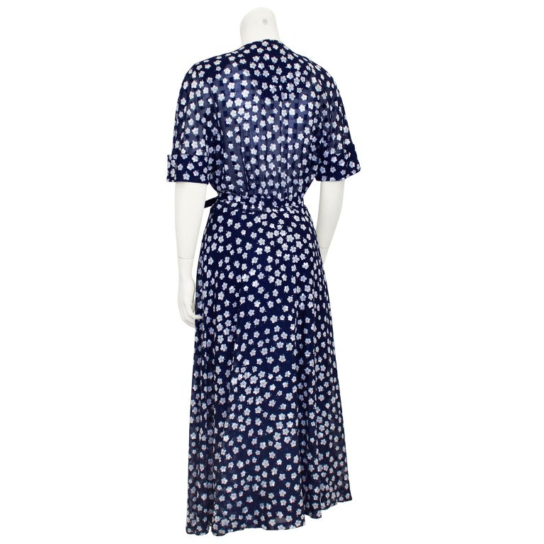 2000's Akris Navy Blue and White Floral Shirt Dress For Sale at 1stDibs