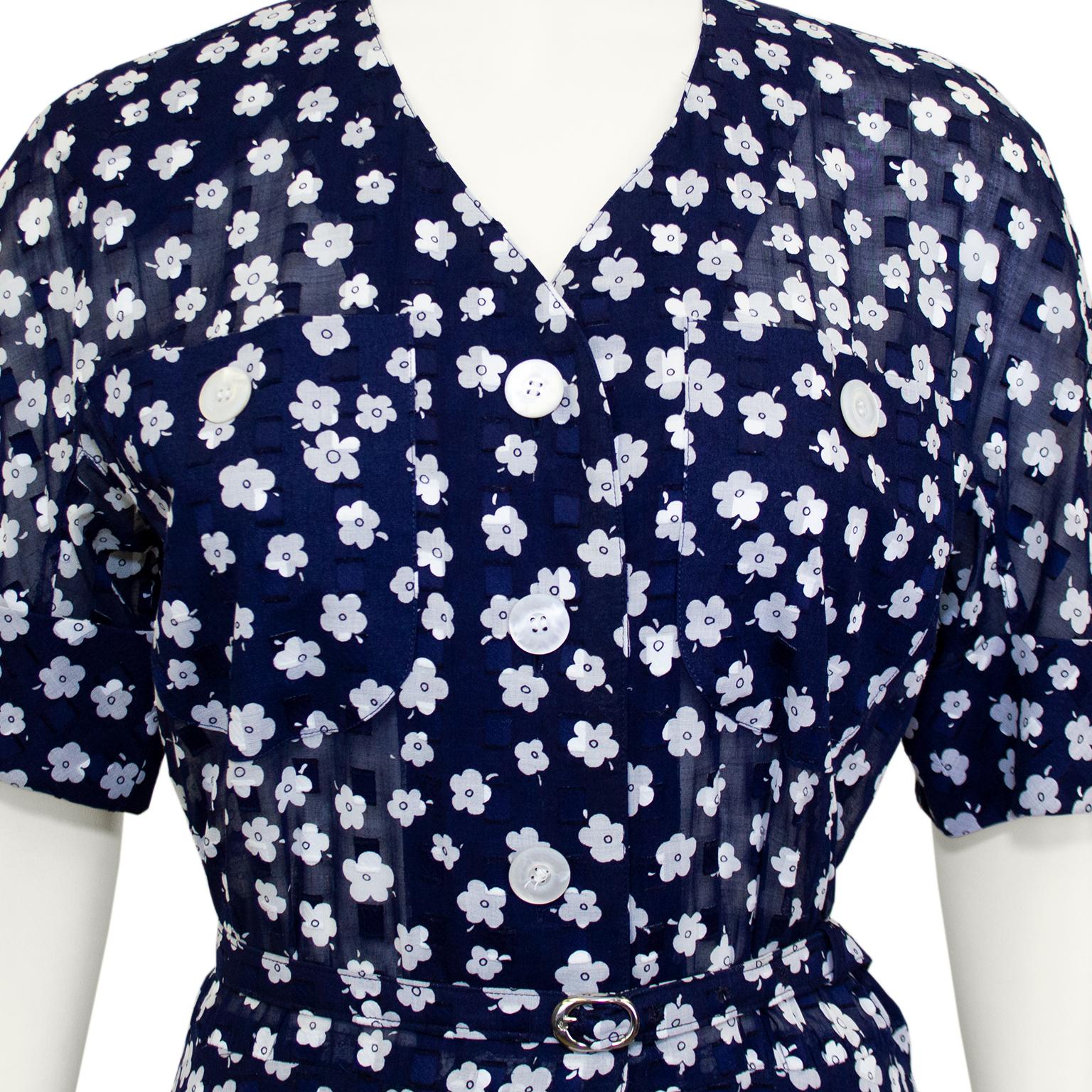 Black 2000's Akris Navy Blue and White Floral Shirt Dress  For Sale