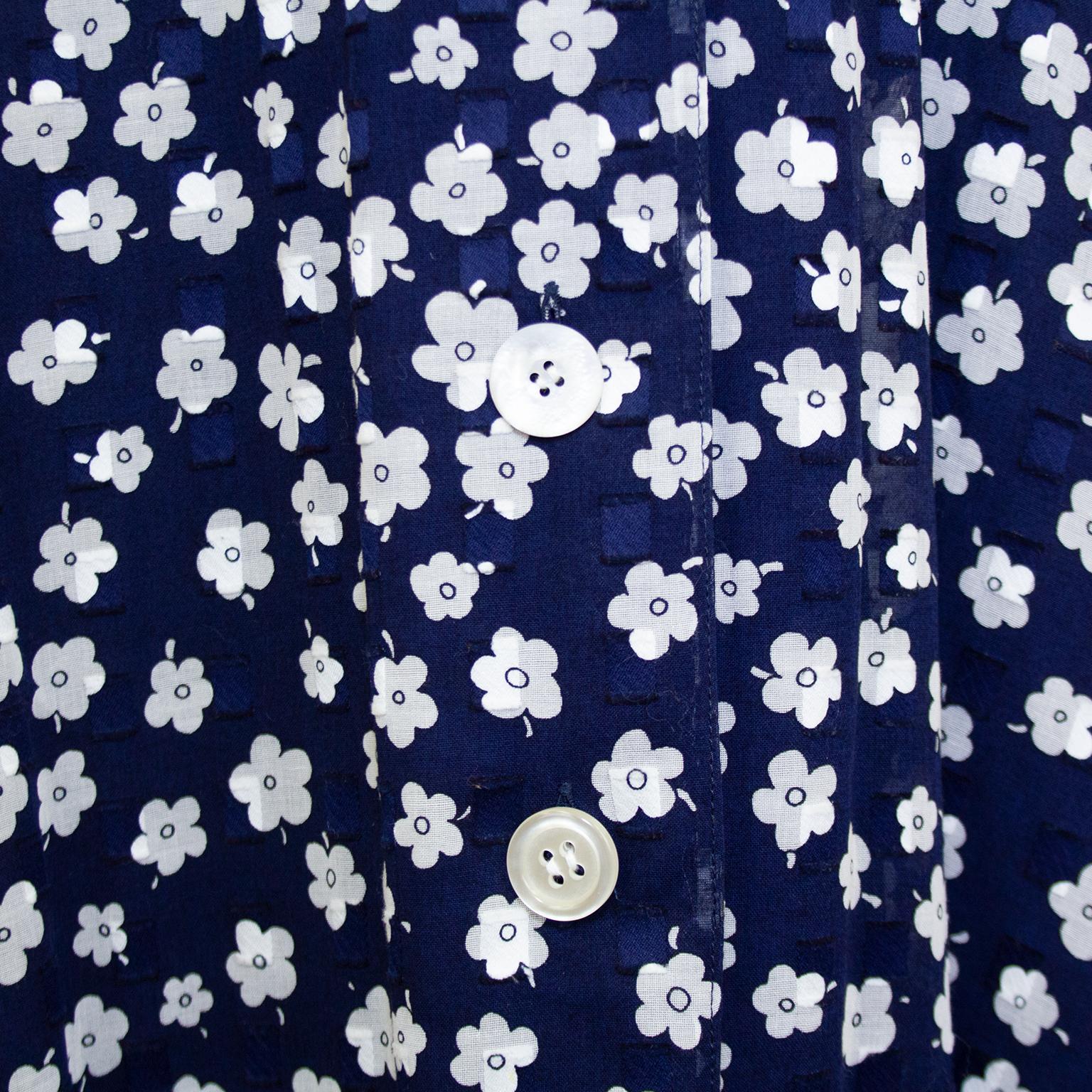 2000's Akris Navy Blue and White Floral Shirt Dress  In Good Condition For Sale In Toronto, Ontario