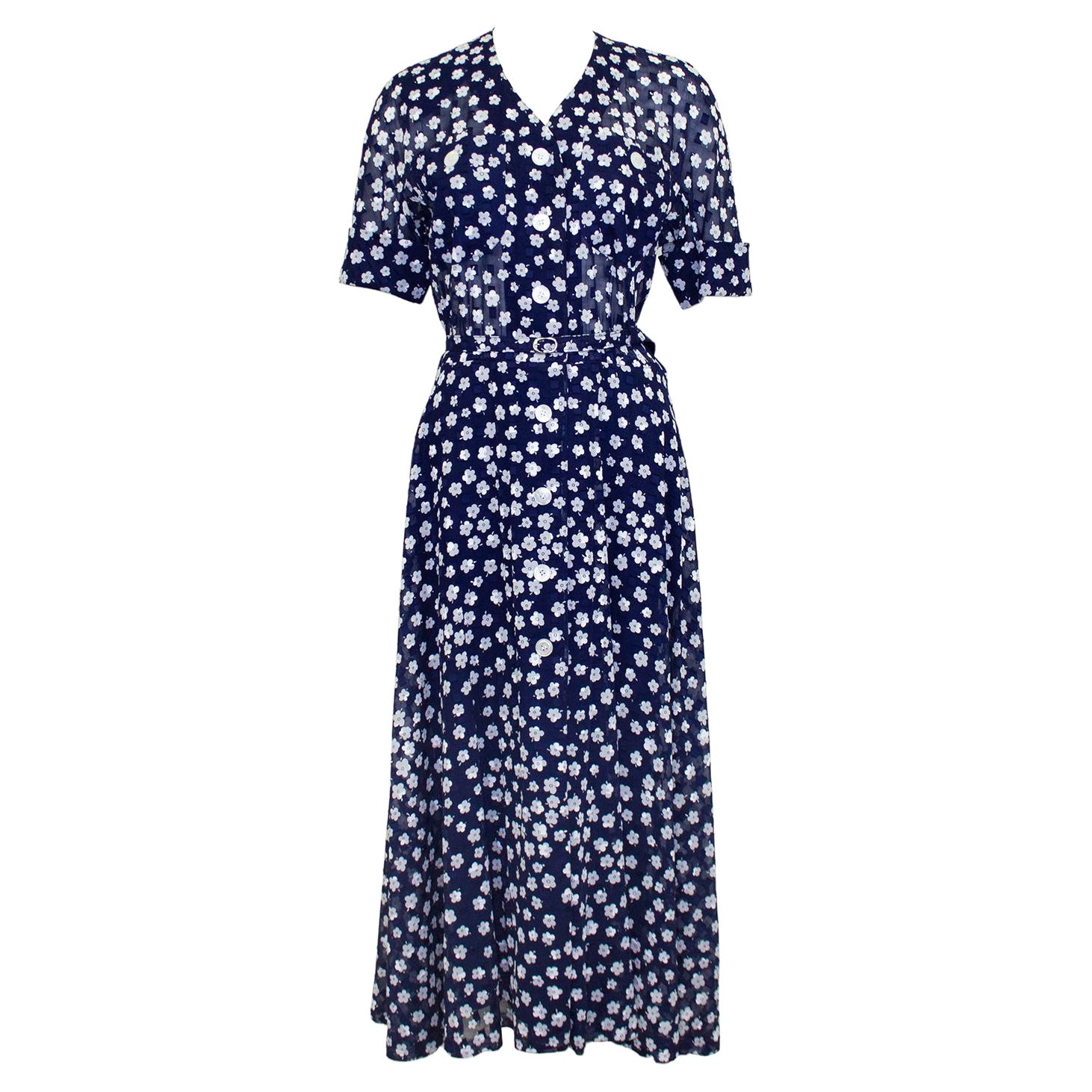 2000er Akris Marineblaues und weißes Hemdkleid mit Blumenmuster