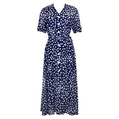 2000's Akris Navy Blue and White Floral Shirt Dress