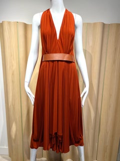 2000s AKRIS V Neck Burnt Orange Matte Jersey Sleeveless Dress