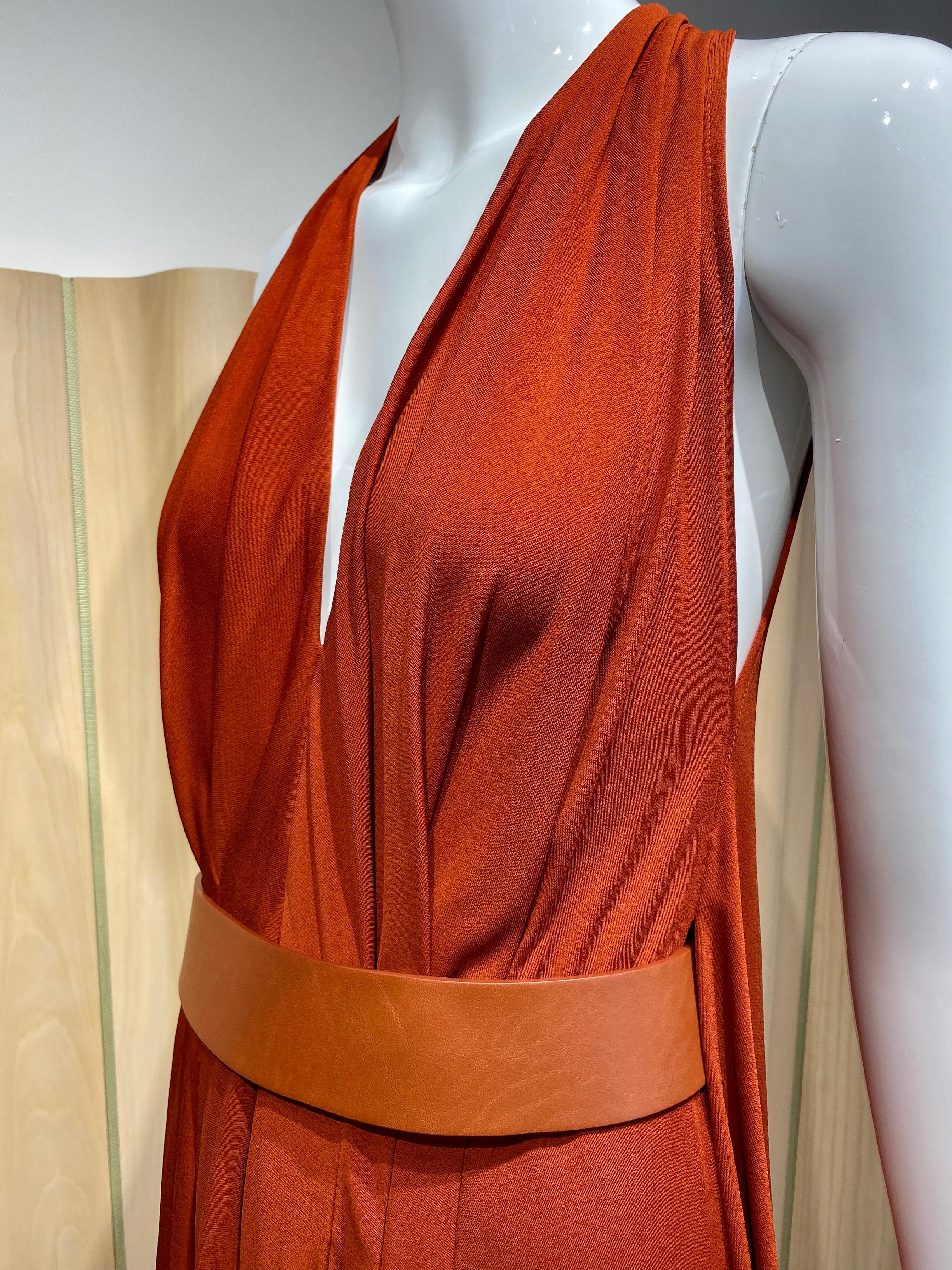 Women's 2000s AKRIS V Neck Burnt Orange Matte Jersey Sleeveless Dress