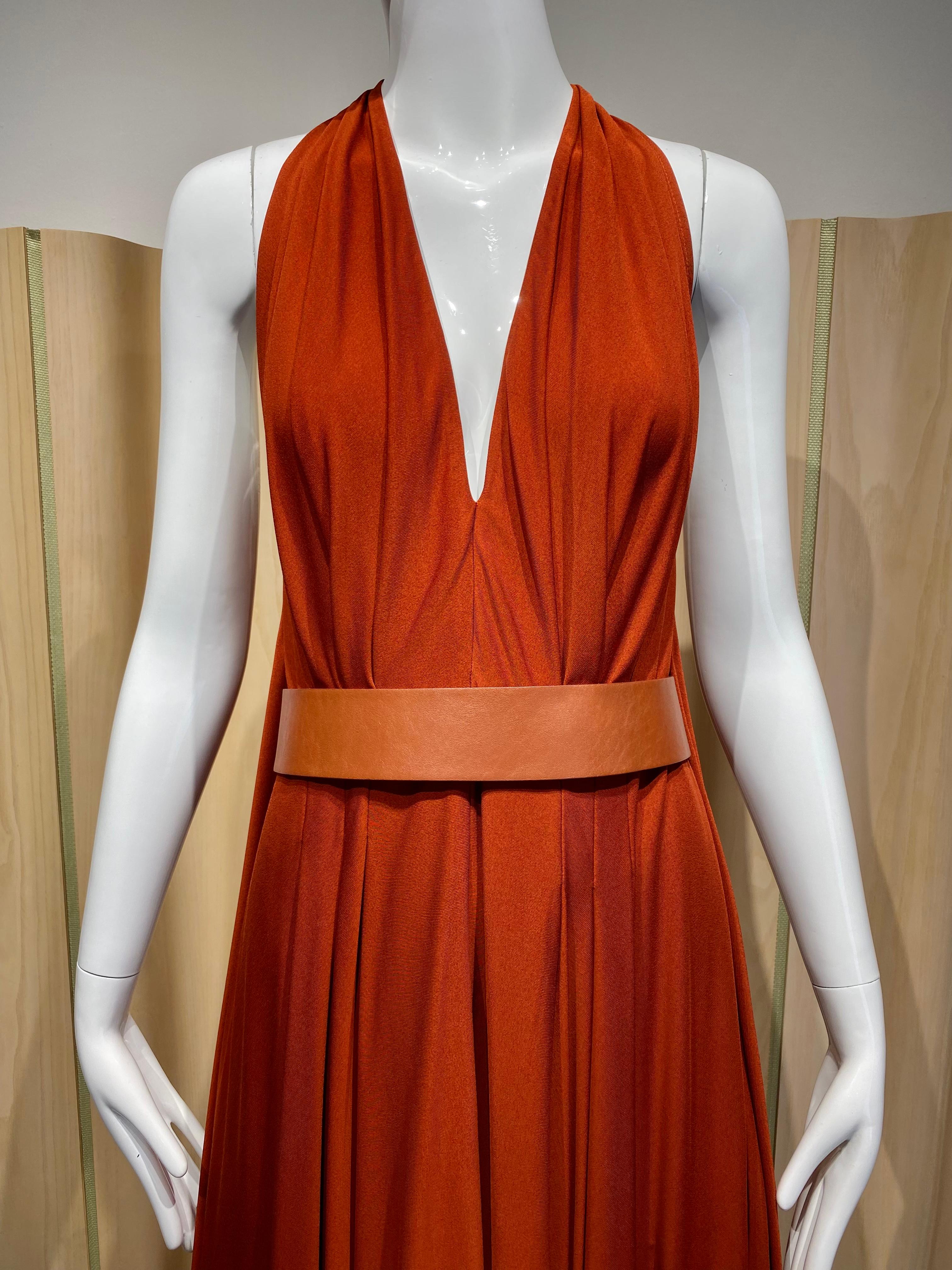 2000s AKRIS V Neck Burnt Orange Matte Jersey Sleeveless Dress 2