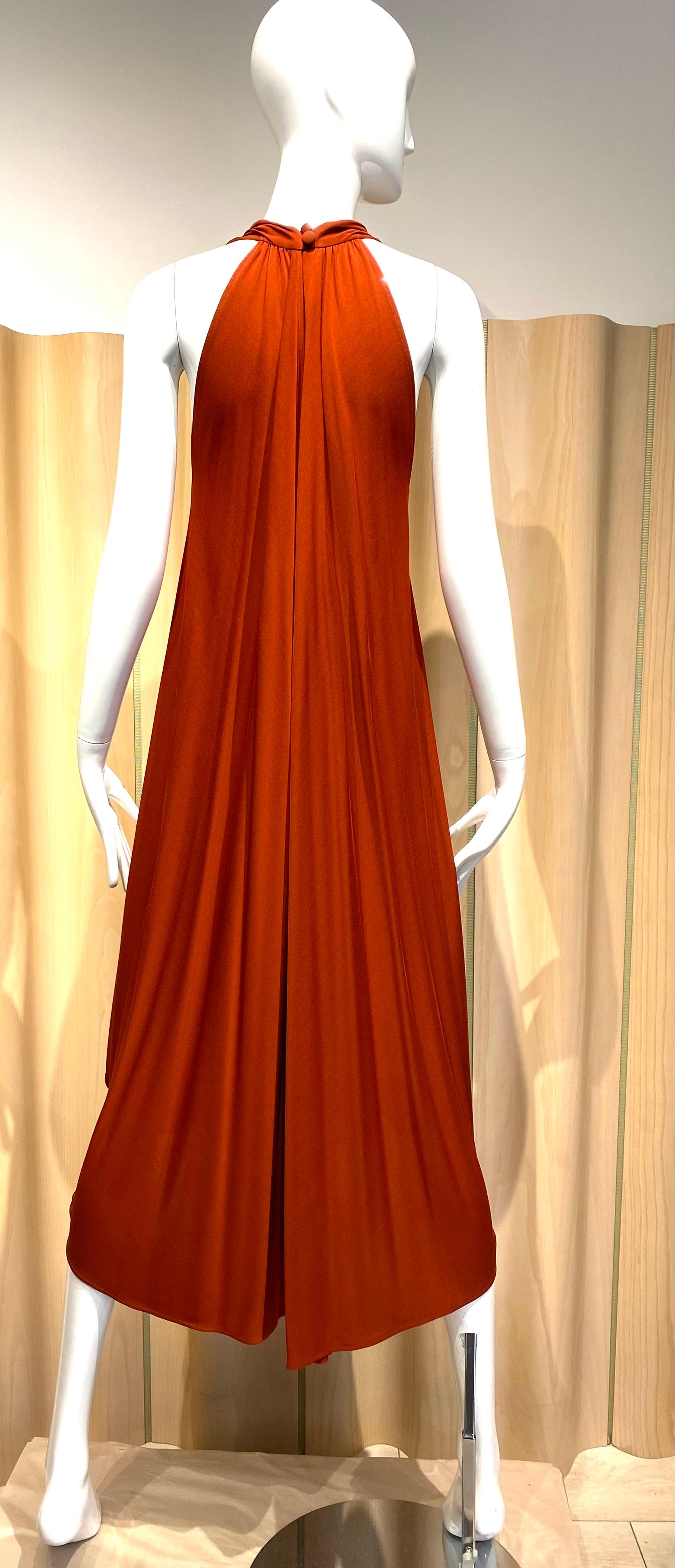 2000s AKRIS V Neck Burnt Orange Matte Jersey Sleeveless Dress 3