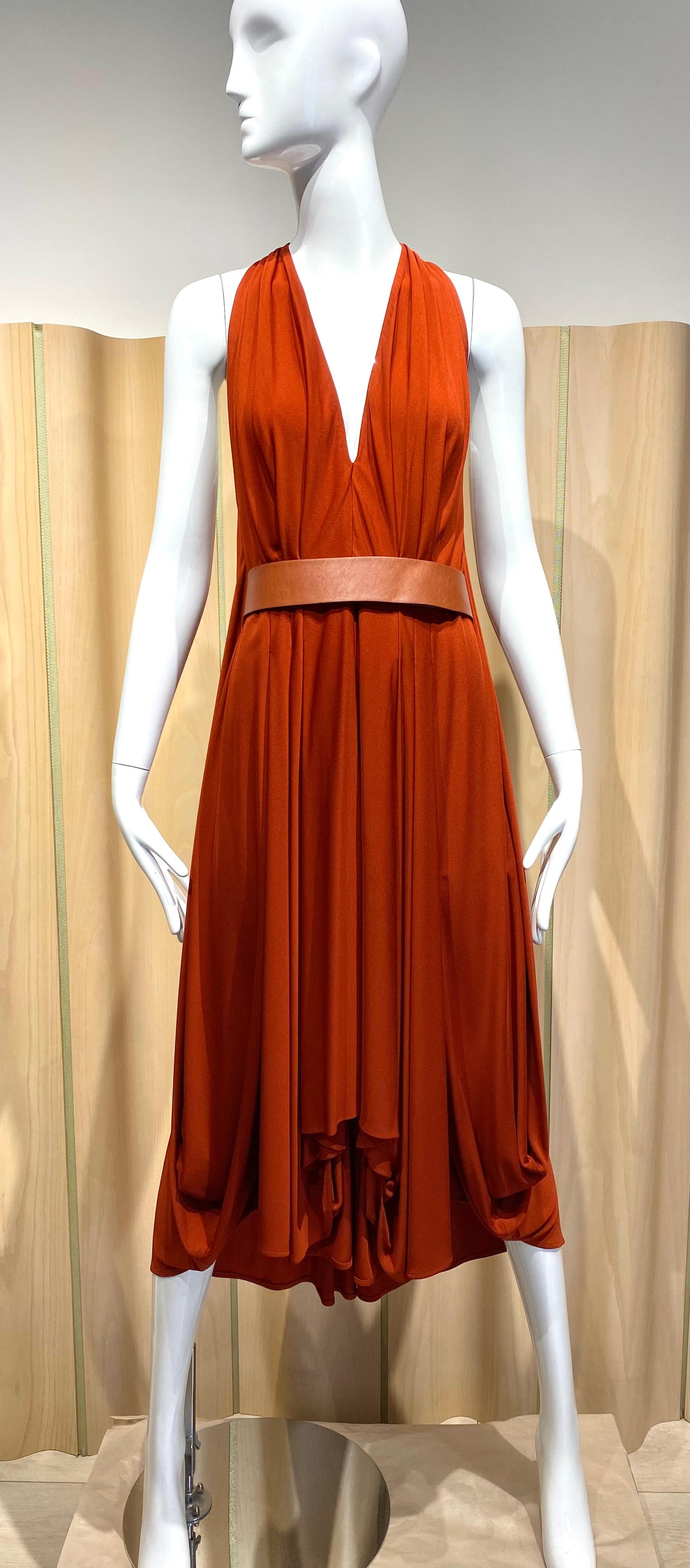 2000s AKRIS V Neck Burnt Orange Matte Jersey Sleeveless Dress 4