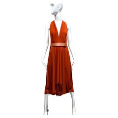 2000s AKRIS V Neck Burnt Orange Matte Jersey Sleeveless Dress
