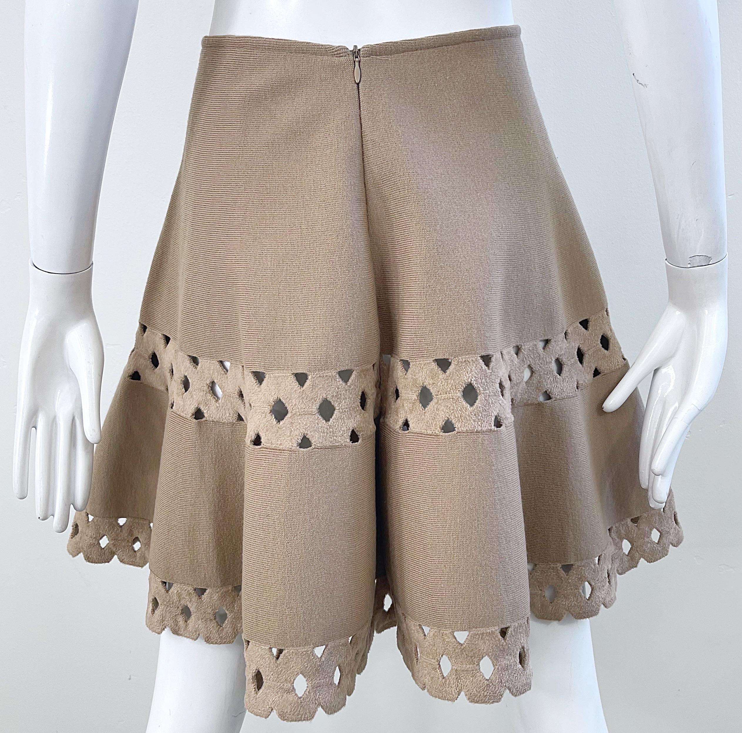 Women's 2000s Alaia Size 36 / 4 Khaki Beige Taupe Cut Out Vintage Y2K Mini Skater Skirt For Sale