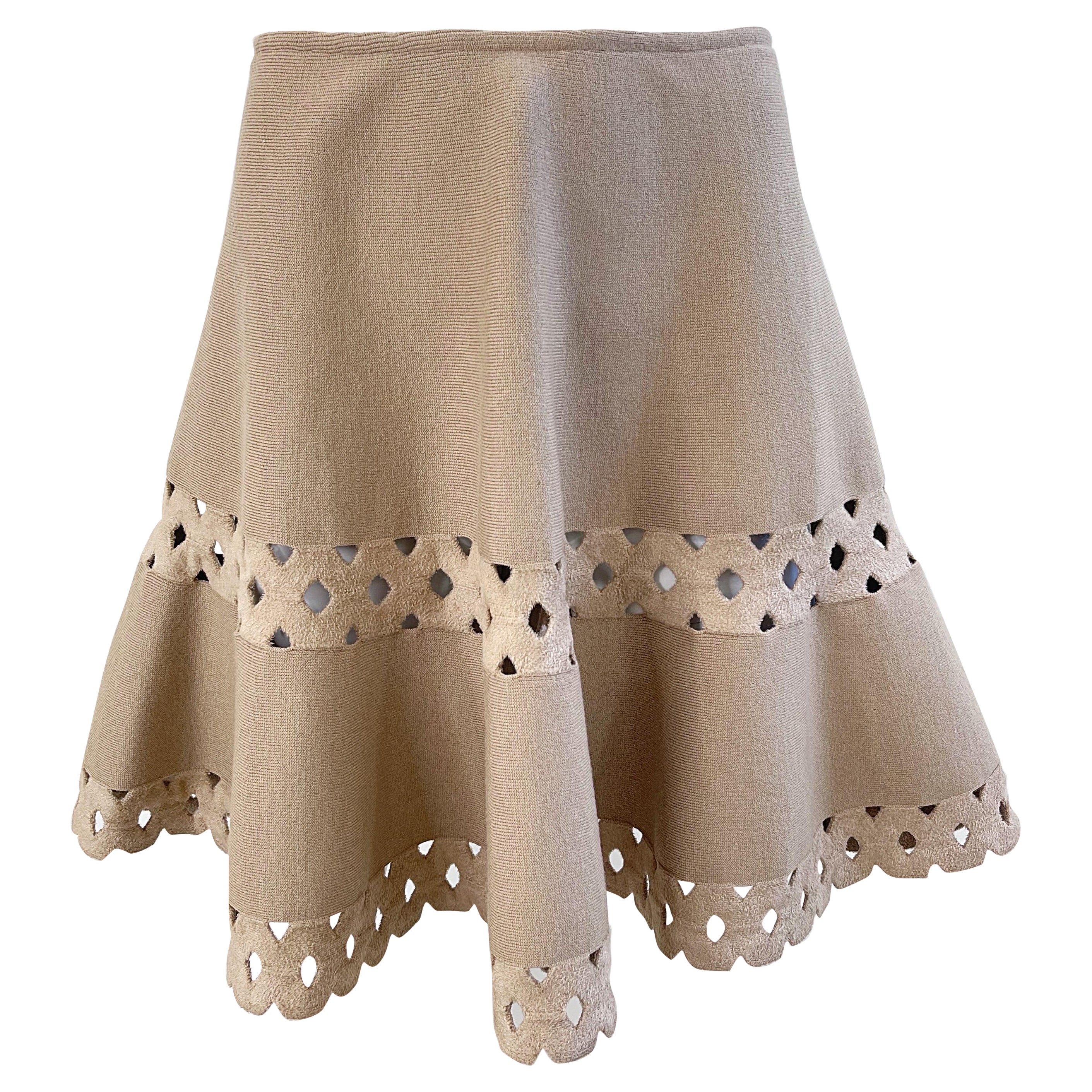 2000s Alaia Talla 36 / 4 Caqui Beige Topo Recortado Vintage Y2K Mini Falda Skater