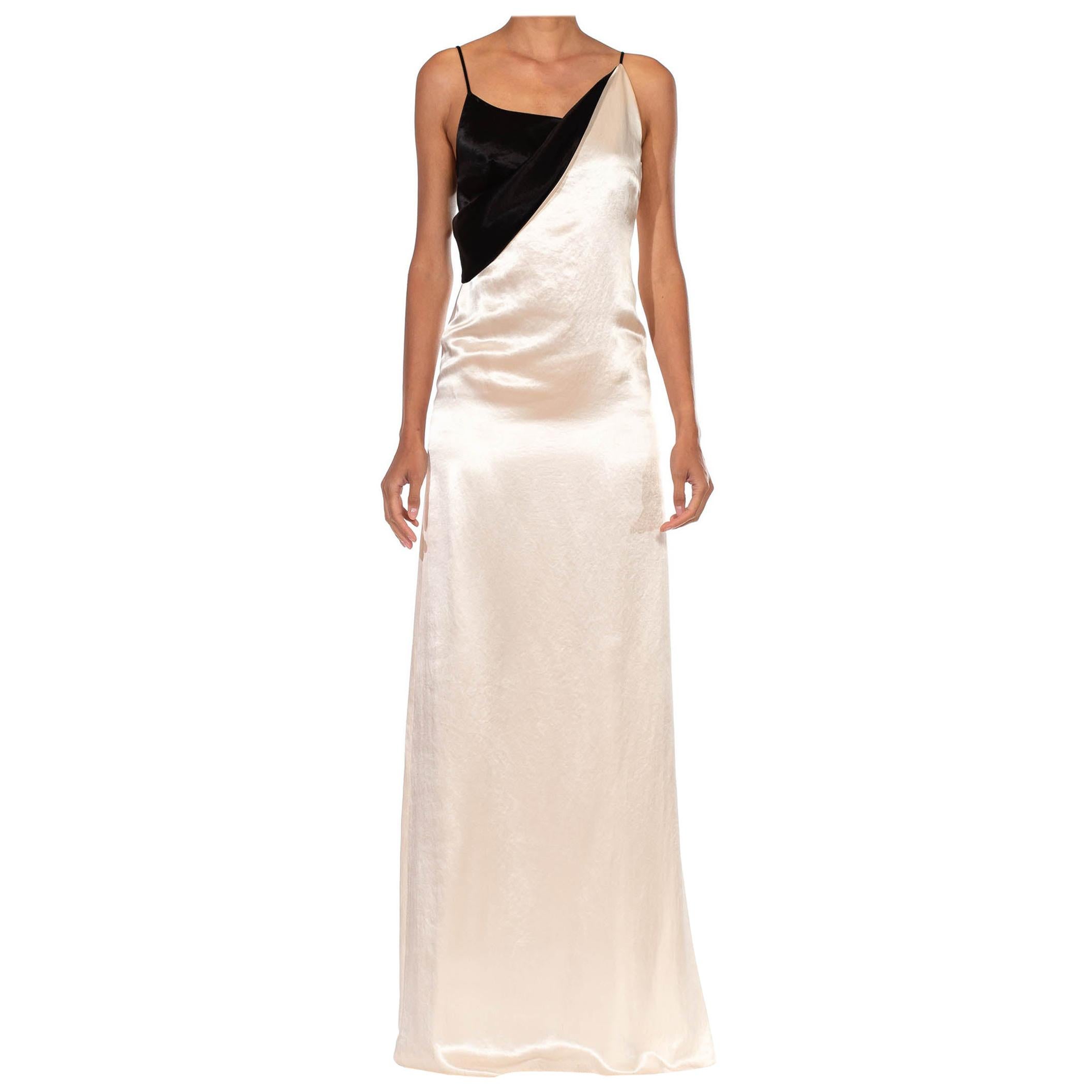 2000S ALBER ELBAZ LANVIN Black & White Silk Blend Crepe Back Satin Draped Gown  For Sale