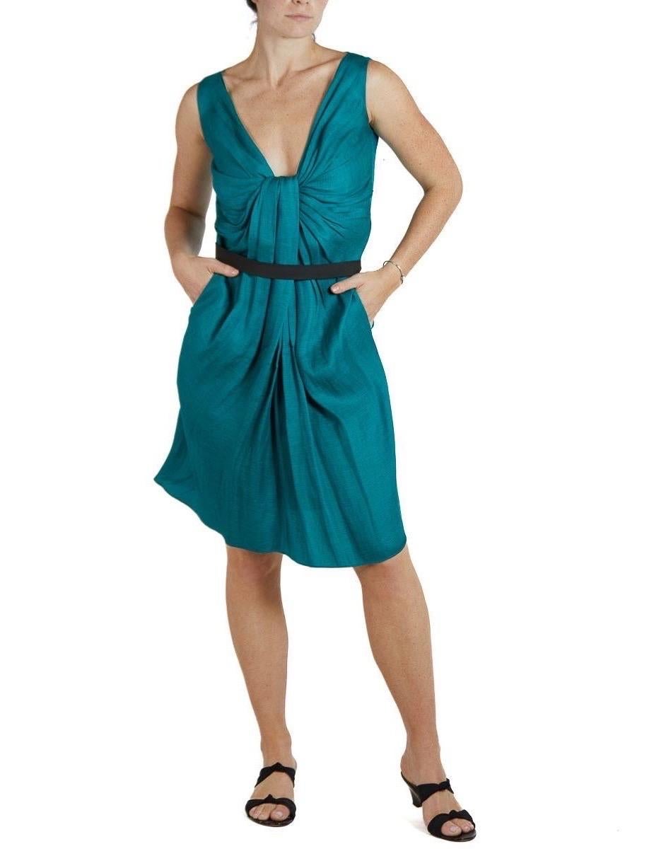 2000S ALBER ELBAZ LANVIN Teal Silk Blend Dress With Pockets For Sale 2