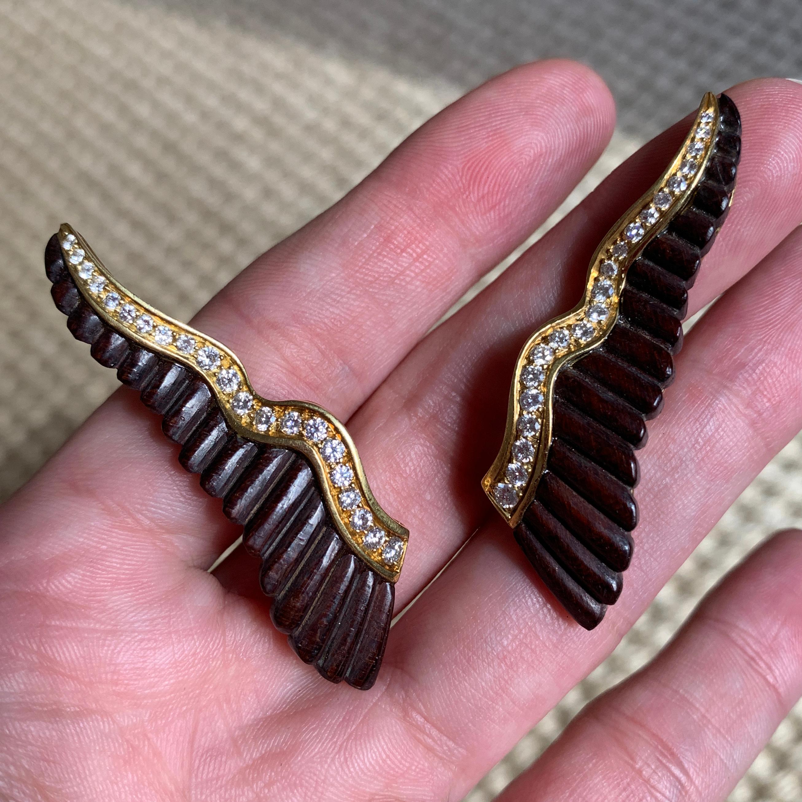 Contemporary 2000s Albert Lipten Carved Wood, Diamond and Gold Ear Clips