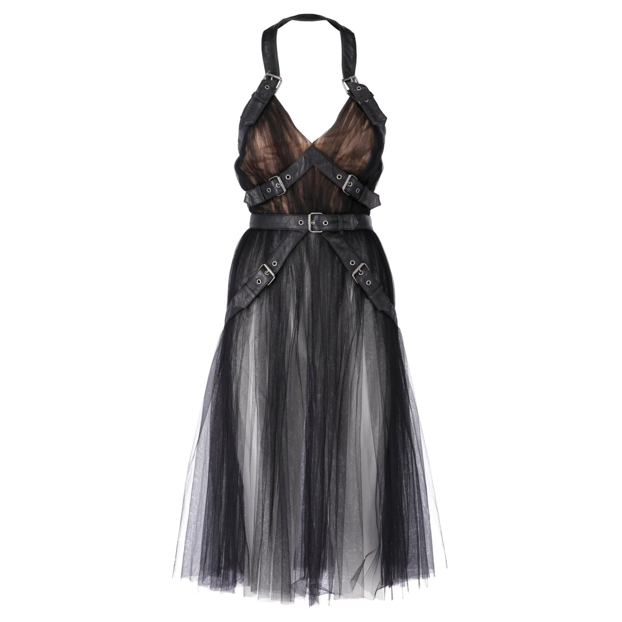 2000s Alberta Ferretti Black Tulle Dress With Buckles