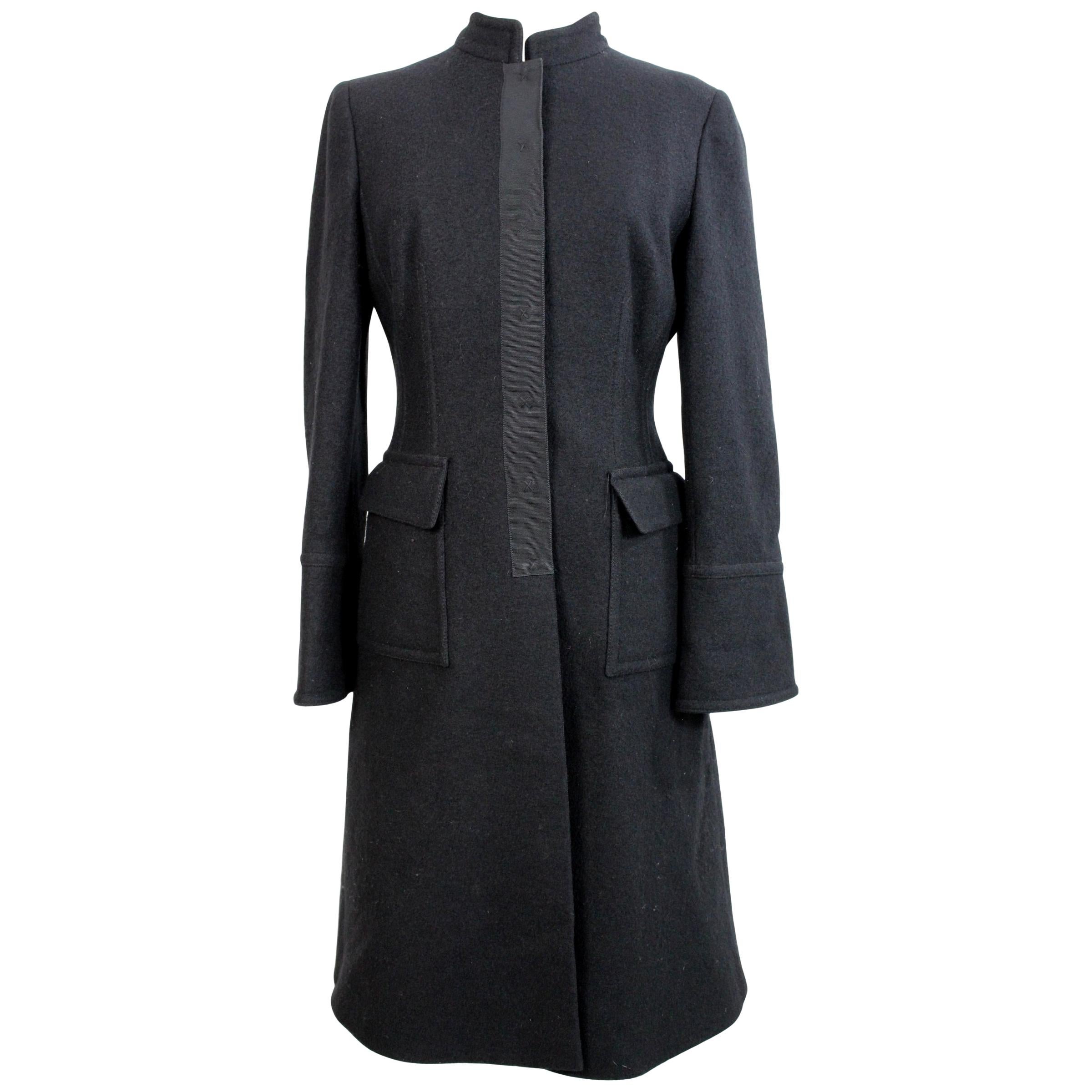 2000s Alberta Ferretti Black Wool Long Coat Hidden Buttons
