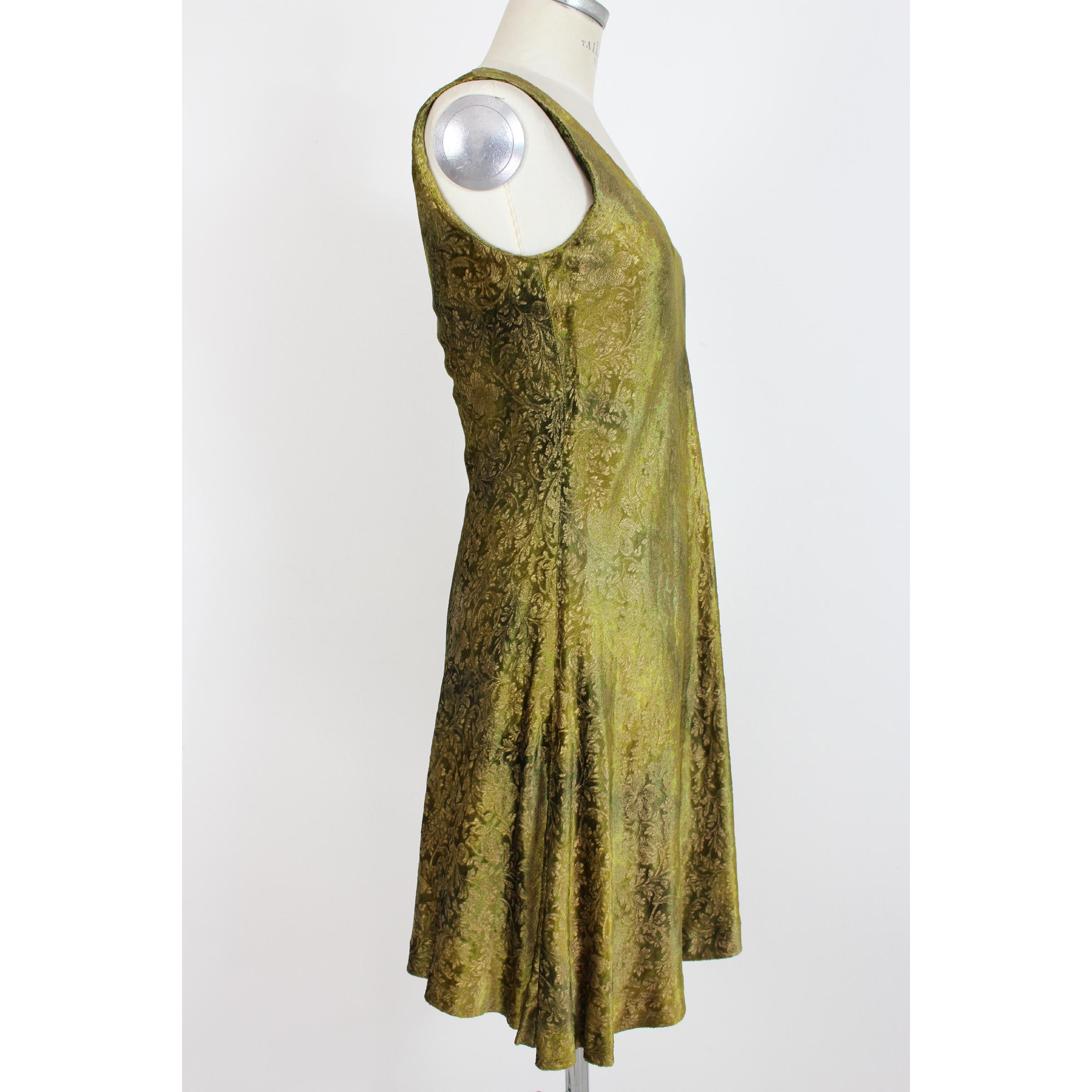 Brown 2000s Alberta Ferretti Green Gold Damask Floral Sz 8 A Line Dress