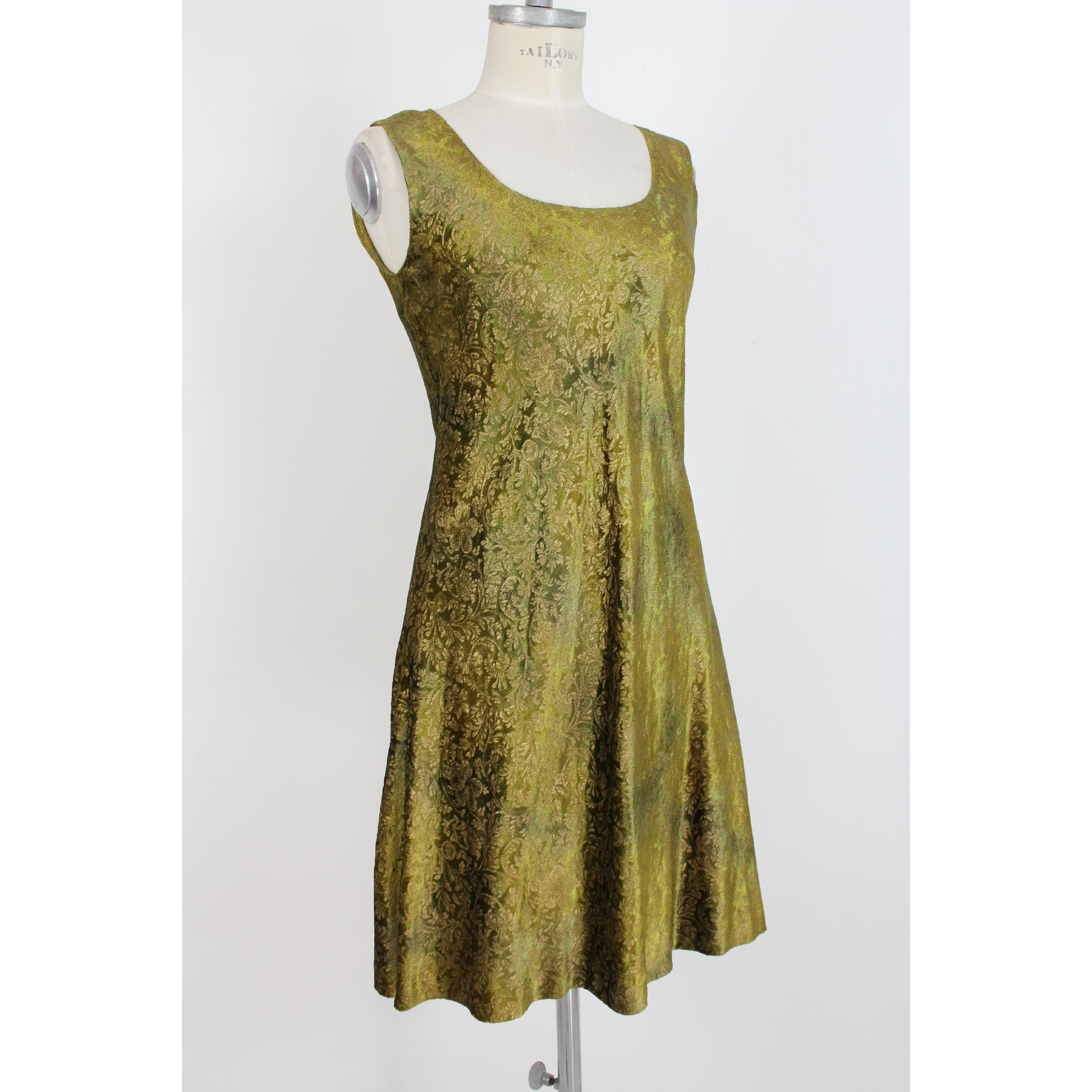 2000s Alberta Ferretti Green Gold Damask Floral Sz 8 A Line Dress In New Condition In Brindisi, Bt
