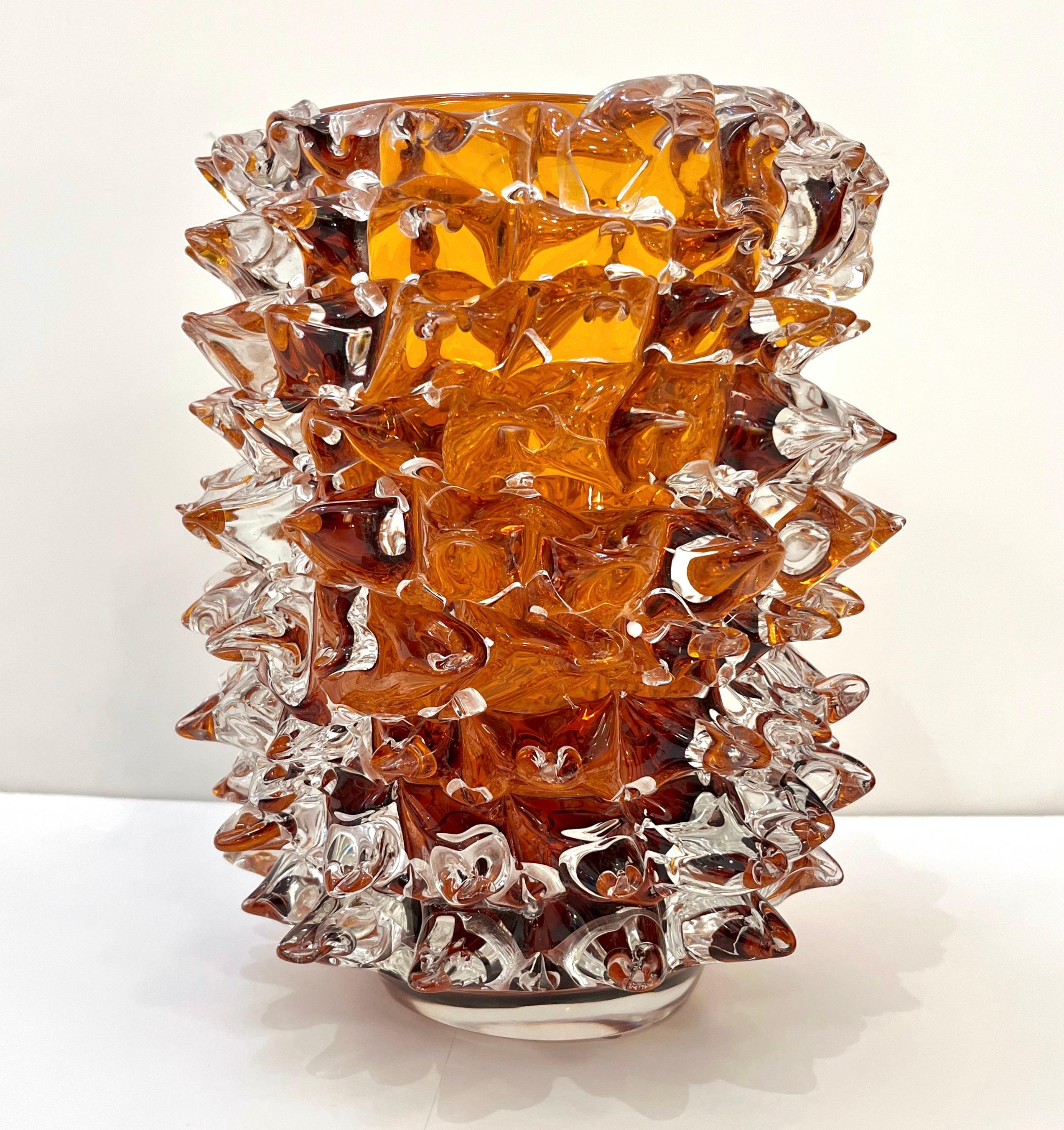 2000s Alberto Dona Italian Amber Gold Crystal Rostrato Murano Glass Modern Vase 3