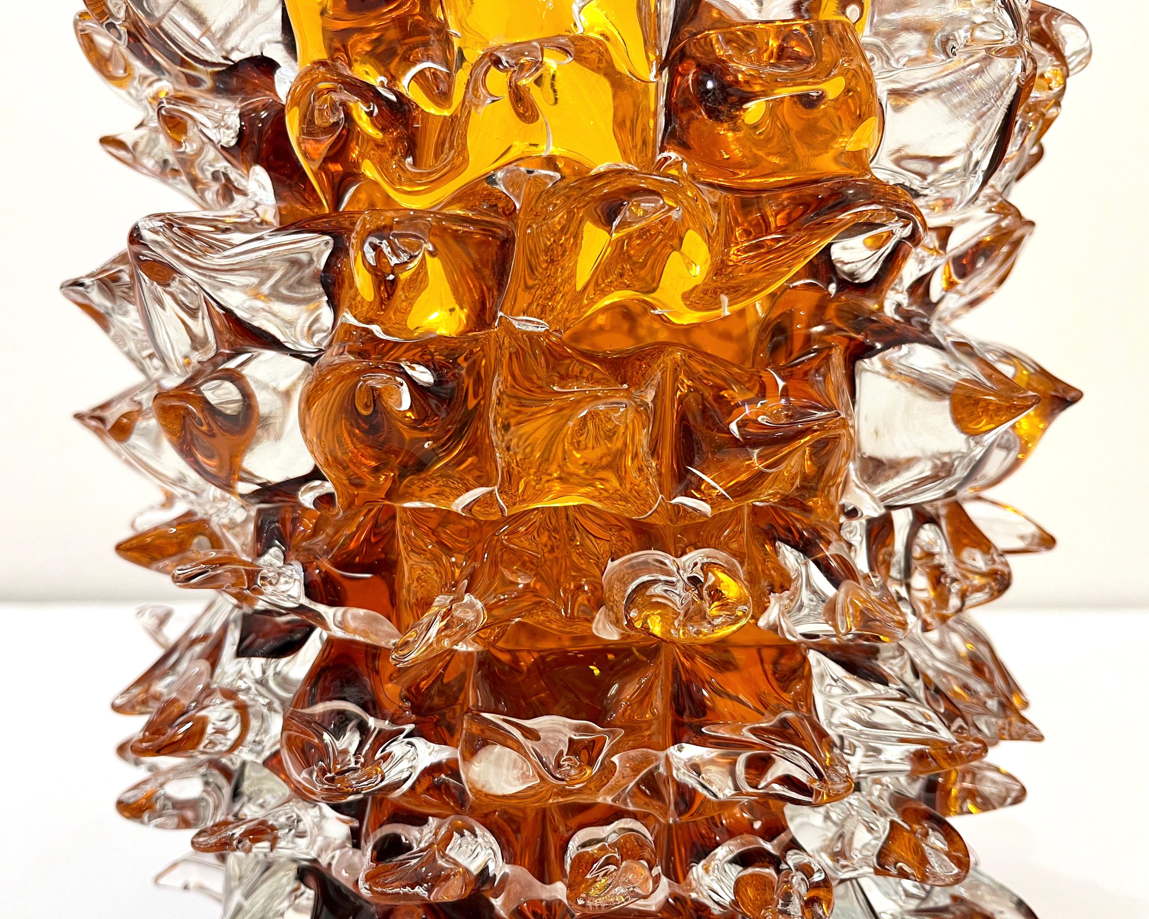 2000s Alberto Dona Italian Amber Gold Crystal Rostrato Murano Glass Modern Vase 5